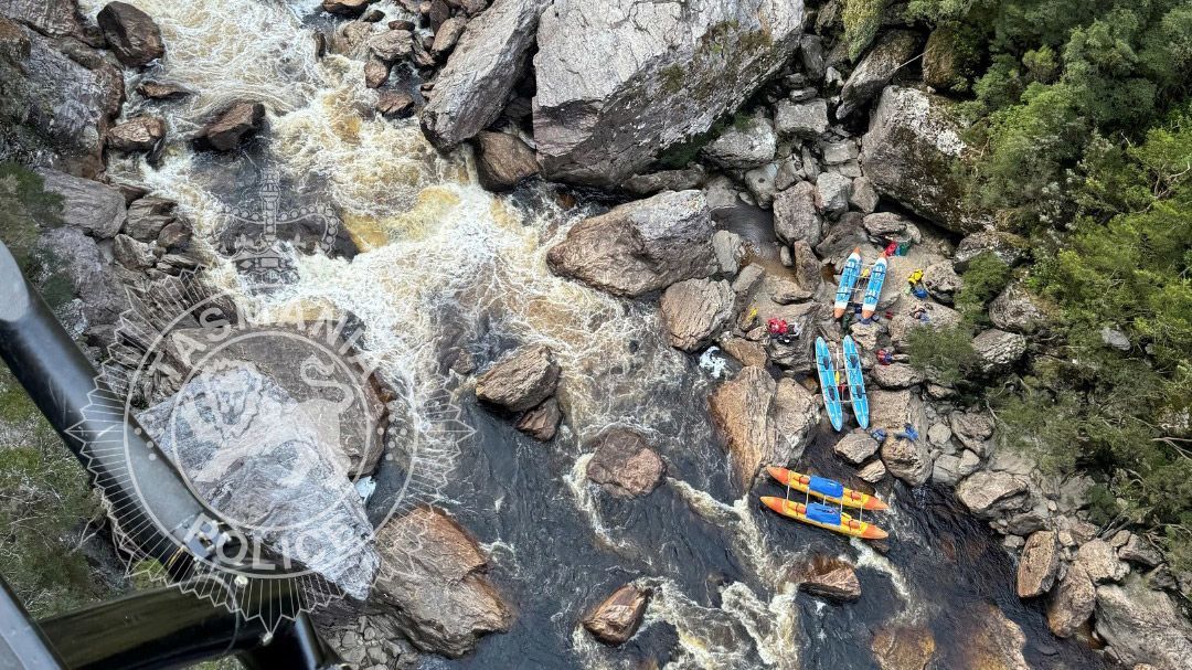 The scene where a kayaker became trapped in the rocks of the Franklin River in Tasmania, Australia.