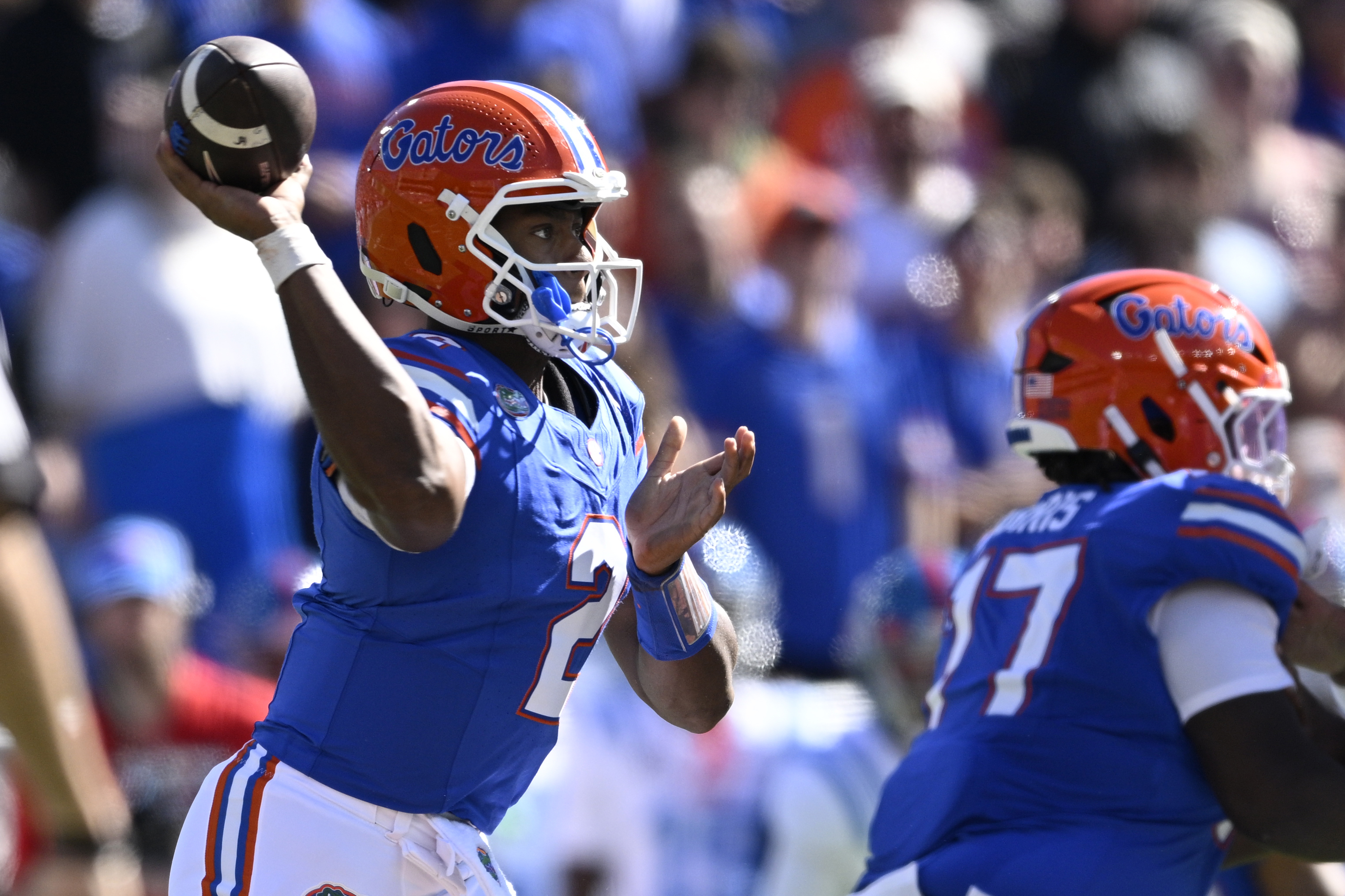 Florida quarterback DJ Lagway (2) throws a pass against Mississippi during the first half of an NCAA college football game, Saturday, Nov. 23, 2024, in Gainesville, Fla.