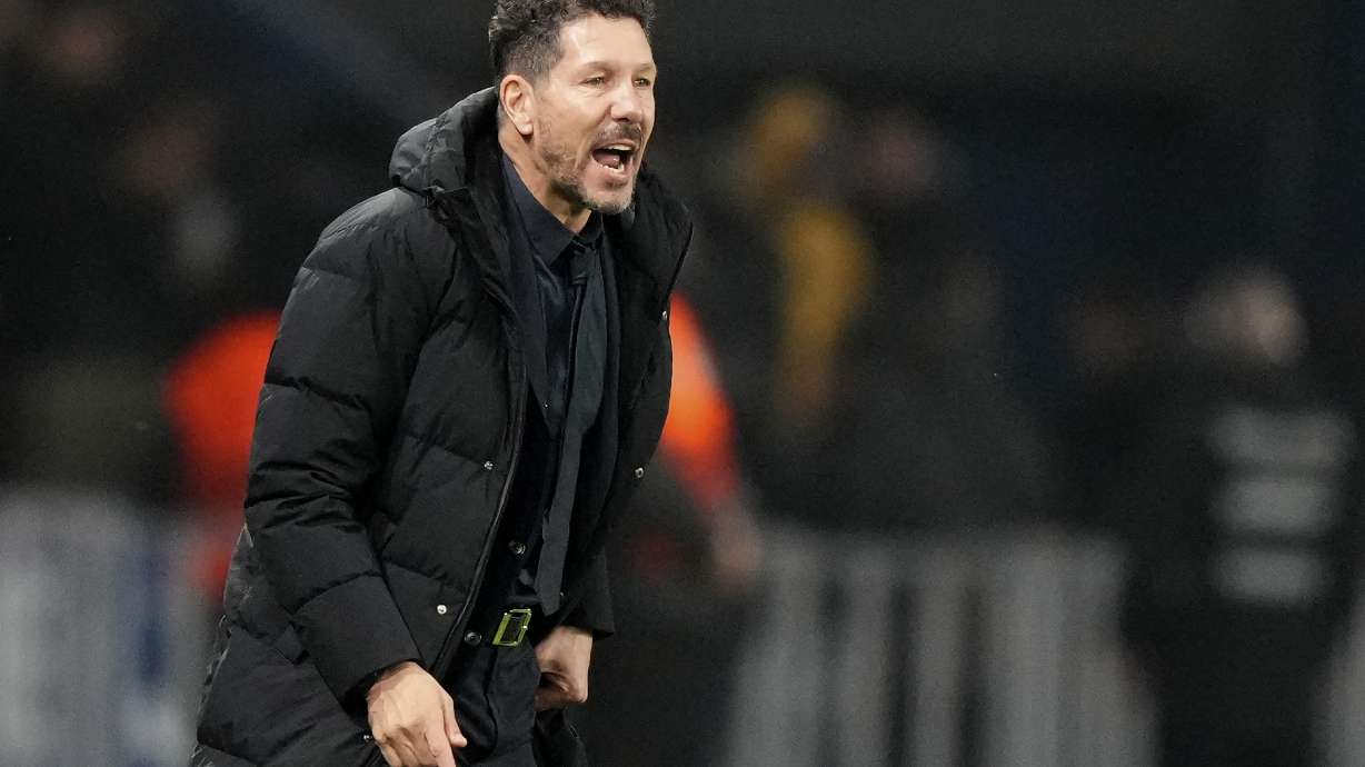 Atletico Madrid's head coach Diego Simeone reacts during the Champions League opening phase soccer match between Paris Saint Germain and Atletico Madrid at the Parc des Princes stadium in Paris, Wednesday, Nov. 6, 2024.