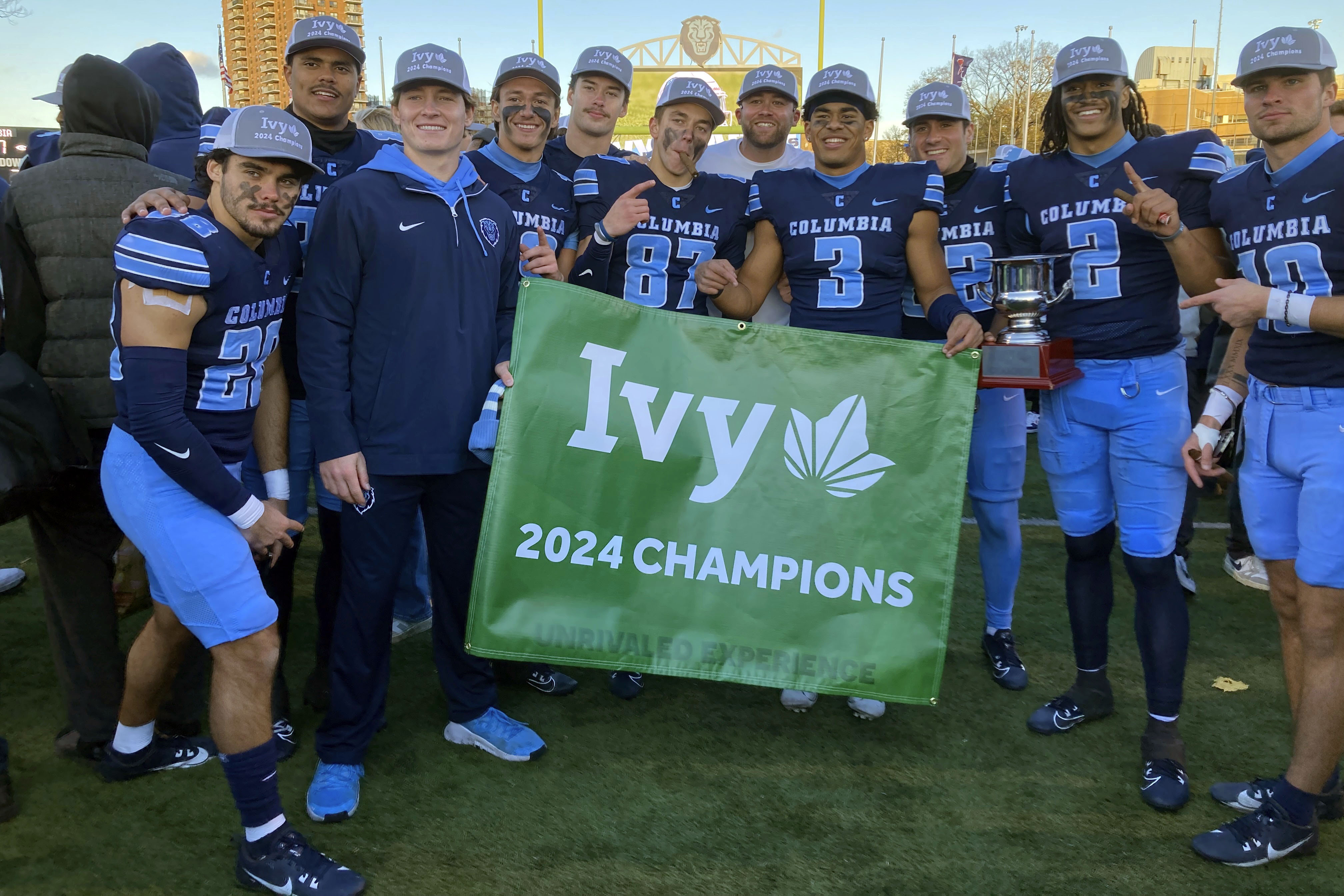 The Columbia players celebrates after beating Cornell in an NCAA college football game Saturday, Nov. 23, 2024, in New York. 
