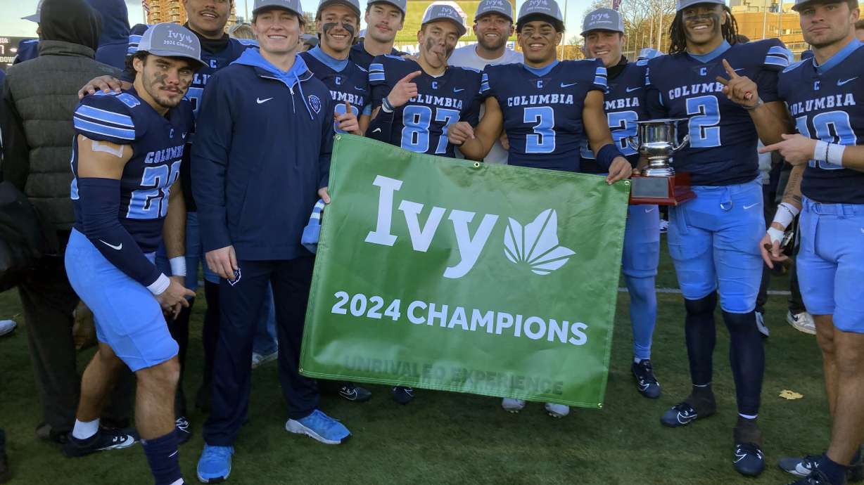The Columbia players celebrates after beating Cornell in an NCAA college football game Saturday, Nov. 23, 2024, in New York.