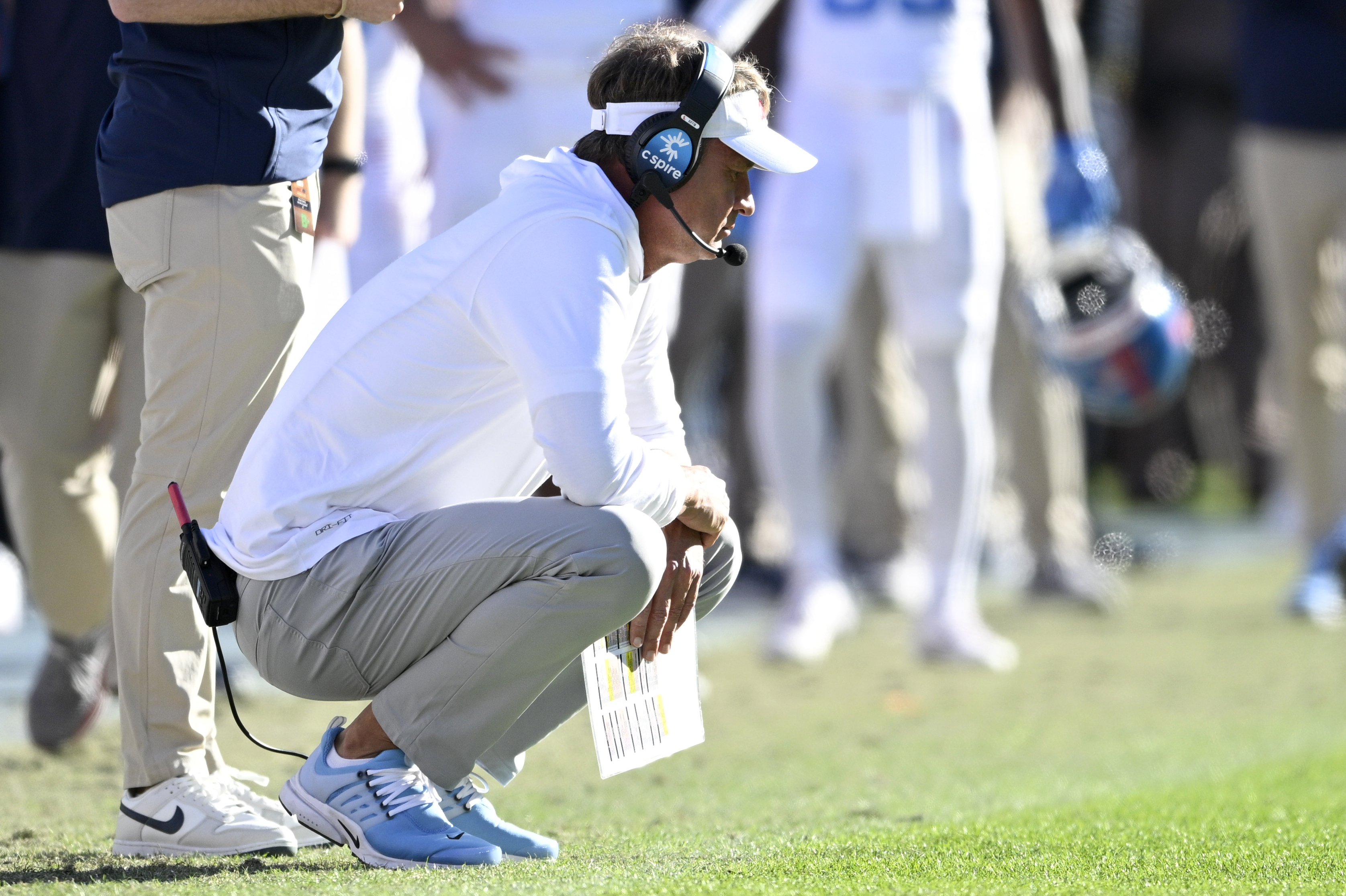Mississippi head coach Lane Kiffin reacts on the sideline during the second half of an NCAA college football game against Florida, Saturday, Nov. 23, 2024, in Gainesville, Fla.