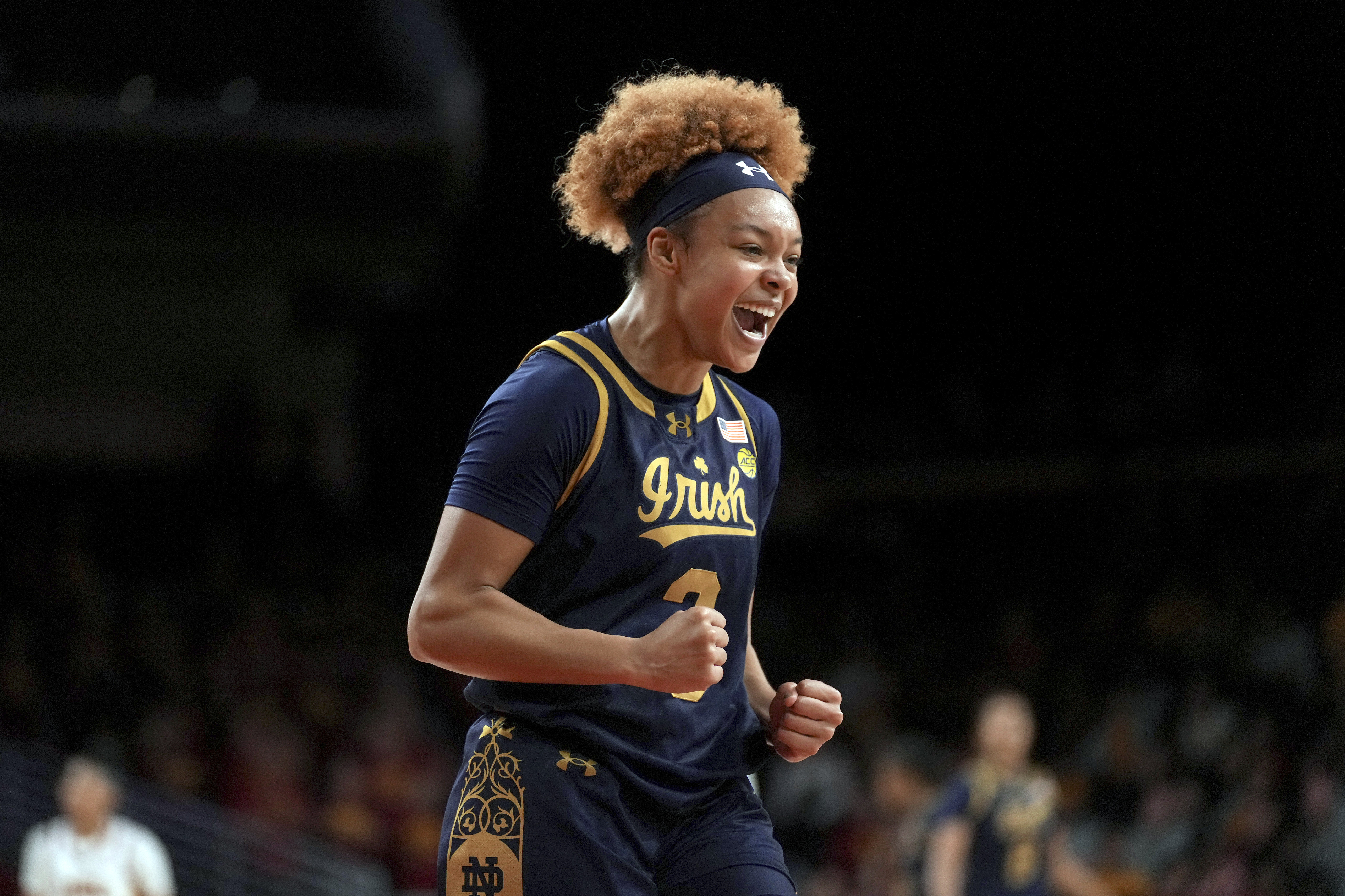 Notre Dame guard Hannah Hidalgo (3) reacts during the first half of an NCAA college basketball game against Southern California, Saturday, Nov. 23, 2024 in Los Angeles. 