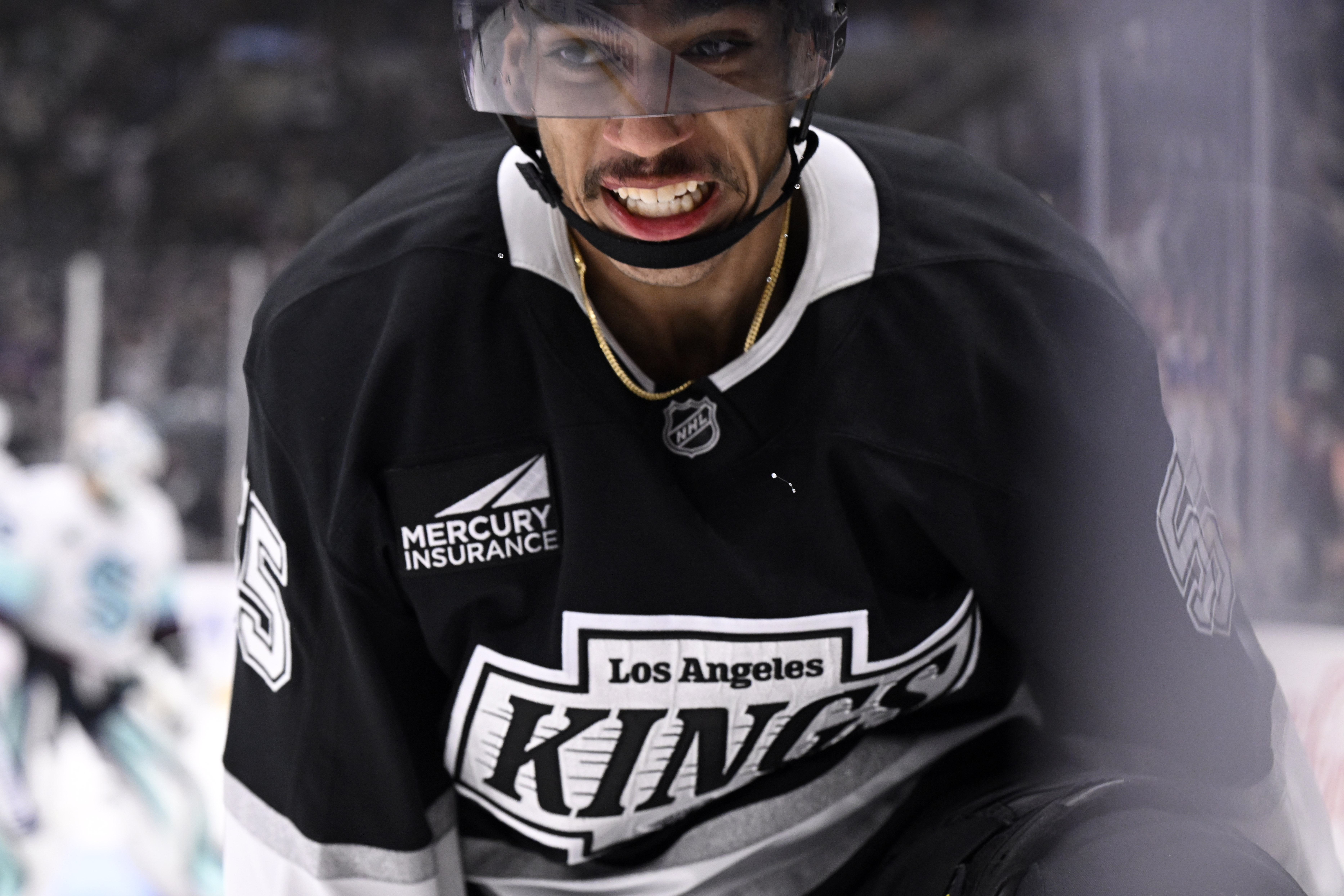 Los Angeles Kings right wing Quinton Byfield (55) reacts after scoring against the Seattle Kraken during the second period of an NHL hockey game in Los Angeles, Saturday, Nov. 23, 2024.