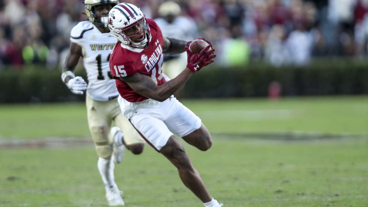 South Carolina wide receiver Dalevon Campbell (15) makes a 58-yard reception ahead of Wofford defensive back Amir Annoor (13) during the first half of an NCAA college football game Saturday, Nov. 23, 2024, in Columbia, S.C.