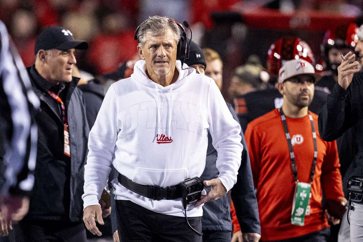 Utah Utes head coach Kyle Whittingham walks along the sidelines during an NCAA football game between the University of Utah Utes and the Iowa State University Cyclones held at Rice-Eccles Stadium in Salt Lake City on Saturday, Nov. 23, 2024.