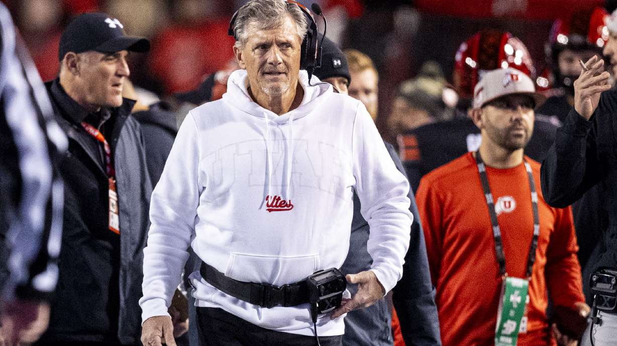 Utah Utes head coach Kyle Whittingham walks along the sidelines during an NCAA football game between the University of Utah Utes and the Iowa State University Cyclones held at Rice-Eccles Stadium in Salt Lake City on Saturday, Nov. 23, 2024.