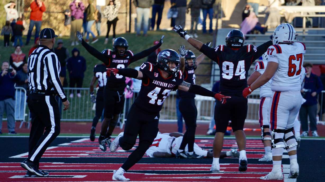 Southern Utah celebrates a defensive stop in double OT.