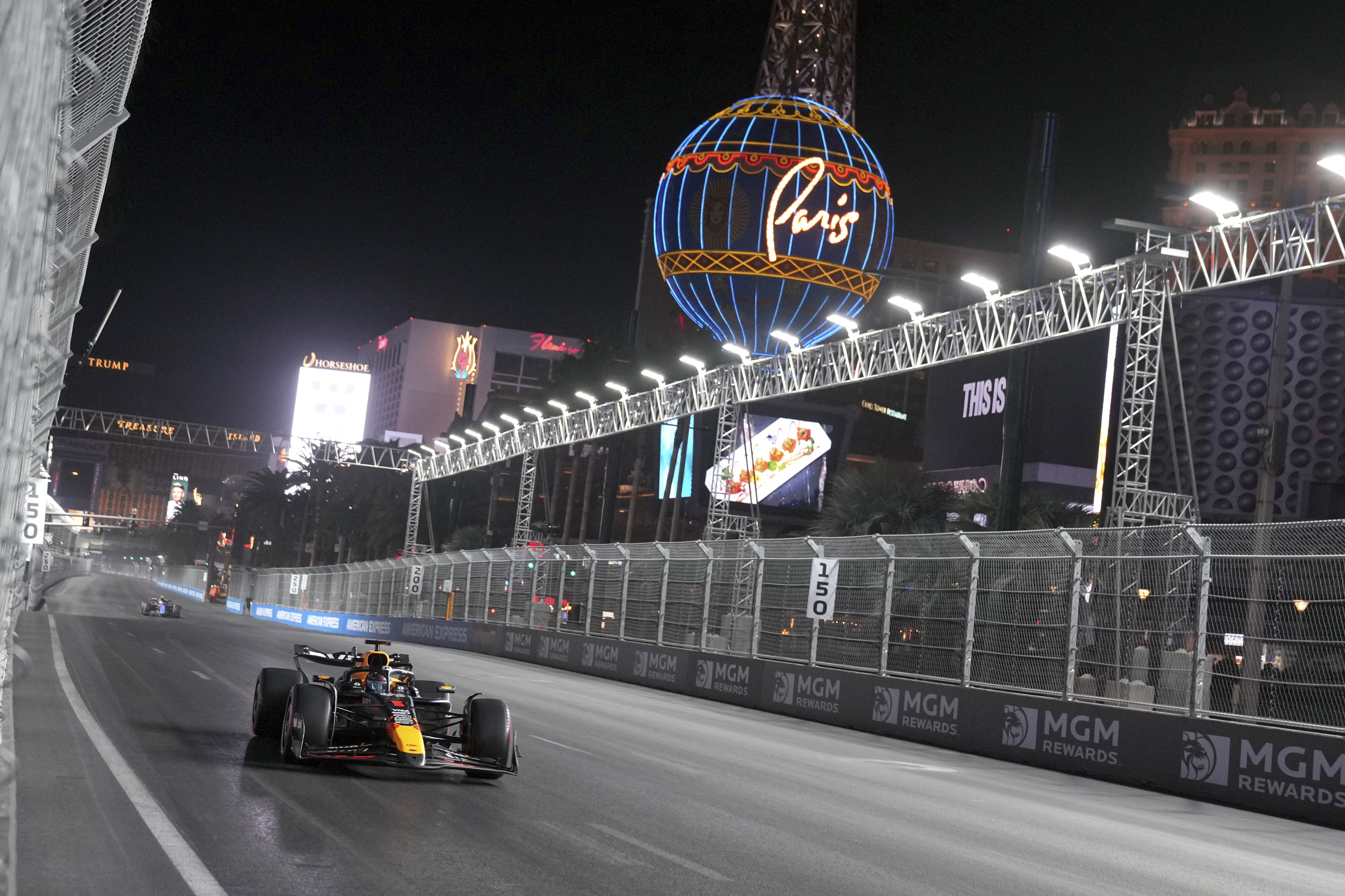 Red Bull driver Max Verstappen, of the Netherlands, drives the course during qualifying for the Formula One U.S. Grand Prix auto race, Friday, Nov. 22, 2024, in Las Vegas. 