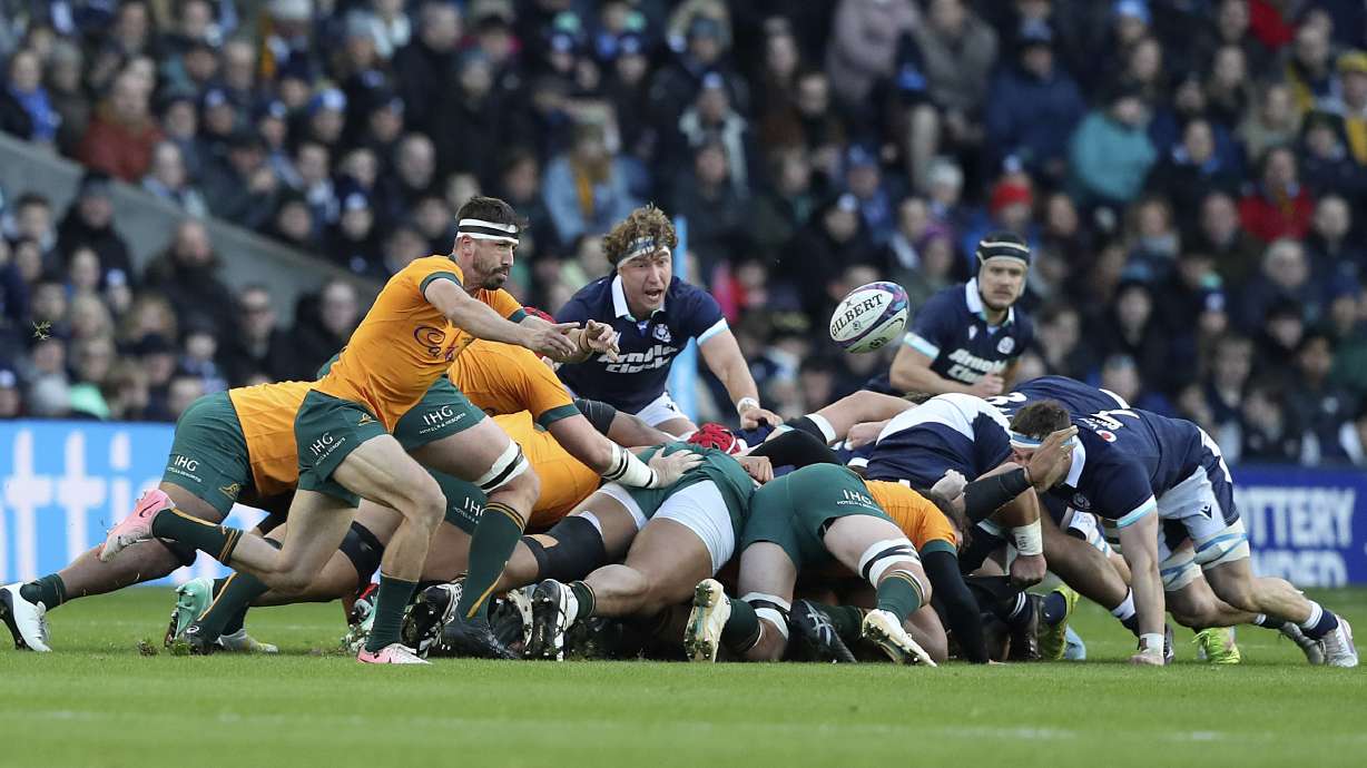 Australia's Jake Gordon, left, throws the ball after a scrum during the Autumn Nations series rugby union match between Scotland and Australia in Edinburgh, Sunday, Nov. 24, 2024.