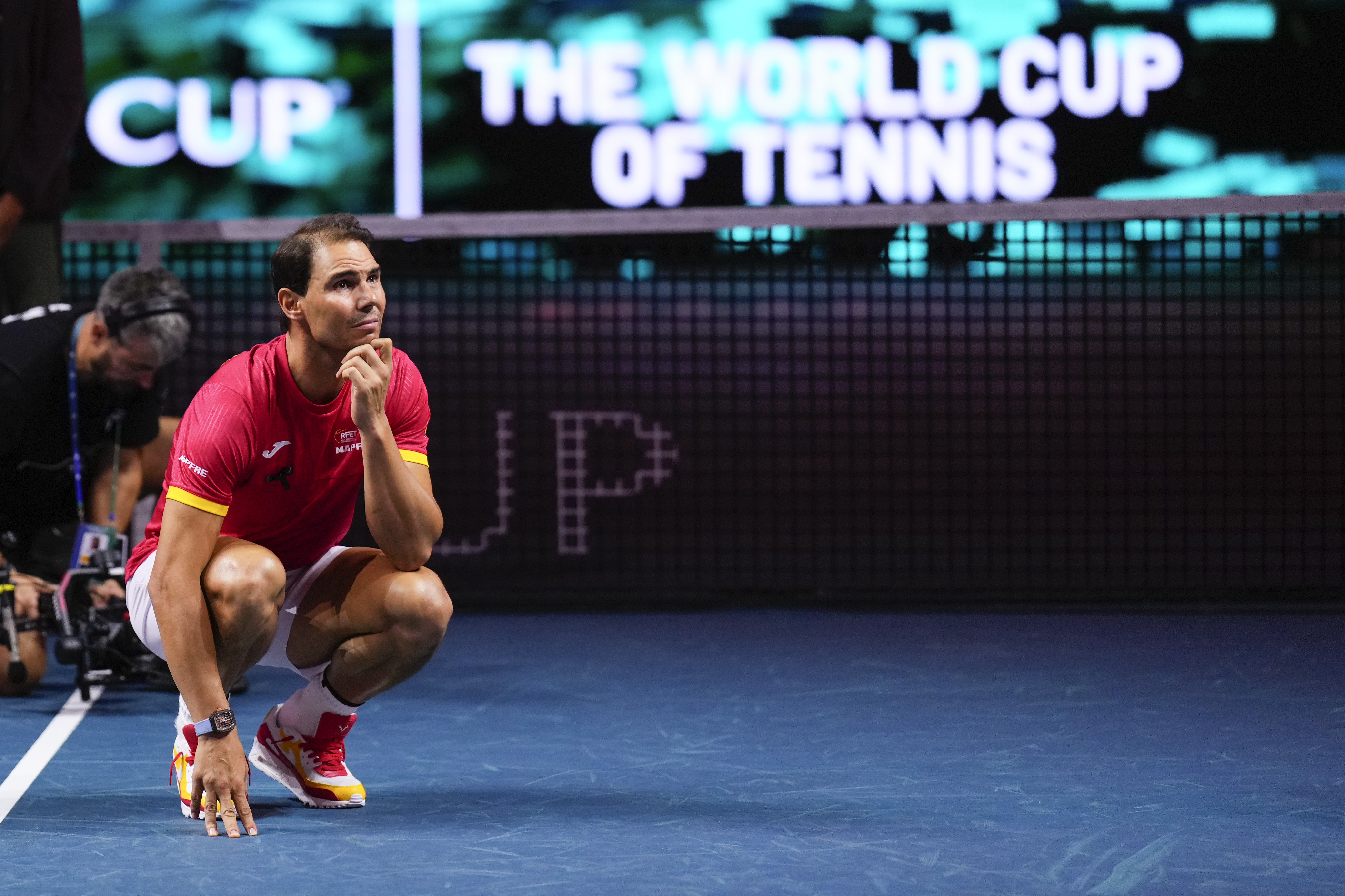 Spain's Rafael Nadal during a tribute after playing his last match as a professional tennis player in the Davis Cup quarterfinals at the Martin Carpena Sports Hall in Malaga, southern Spain, on early Wednesday, Nov. 20, 2024.
