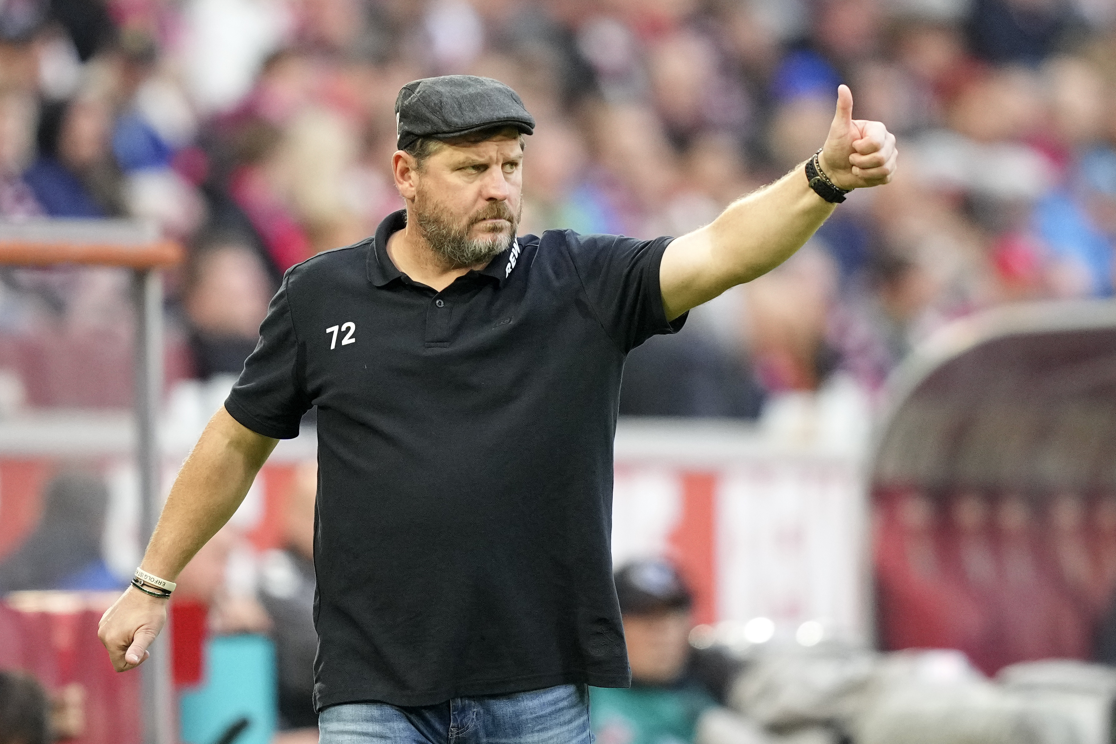 FILE - Cologne's head coach Steffen Baumgart reacts during the German Bundesliga soccer match between 1.FC Cologne and Borussia Moenchengladbach in Cologne, Germany, Sunday, Oct. 22, 2023. 