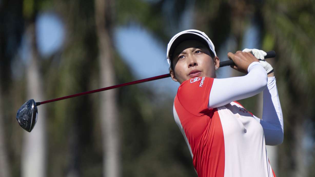 Jeeno Thitikul tees off on the ninth hole during the final round of the LPGA CME Group Tour Championship golf tournament Sunday, Nov. 24, 2024, in Naples, Fla.