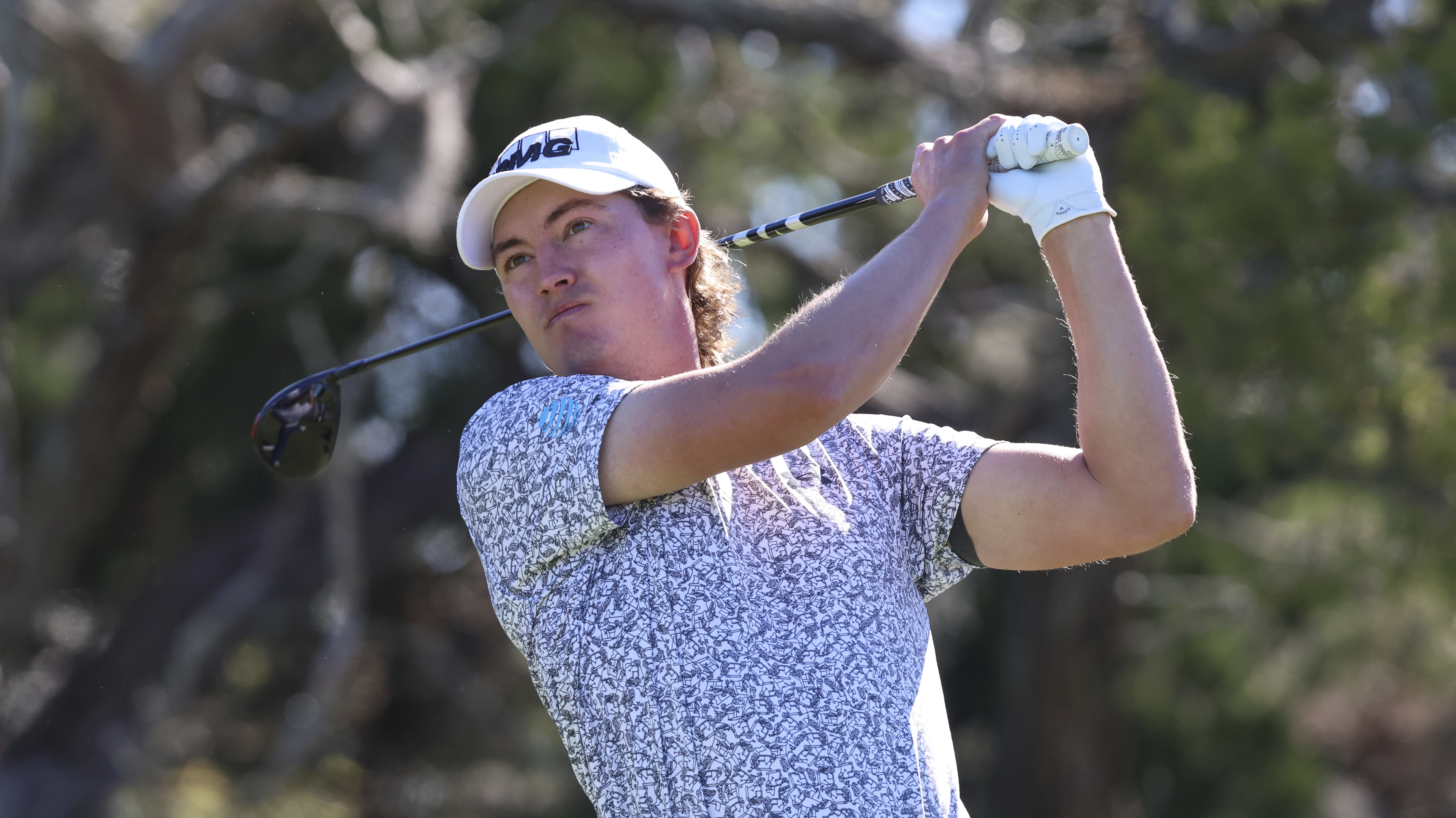 Maverick McNealy drives from the second tee during the final final round of the RSM Classic golf tournament, Sunday, Nov. 24, 2024, in St. Simons Island, Ga.