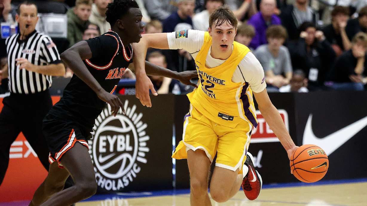 Wasatch Academy’s Bhan Buon guards Montverde Academy’s Cooper Flagg during a National Hoopfest Utah Tournament game at Pleasant Grove High School in Pleasant Grove on Monday, Nov. 20, 2023. Montverde won 88-53.
