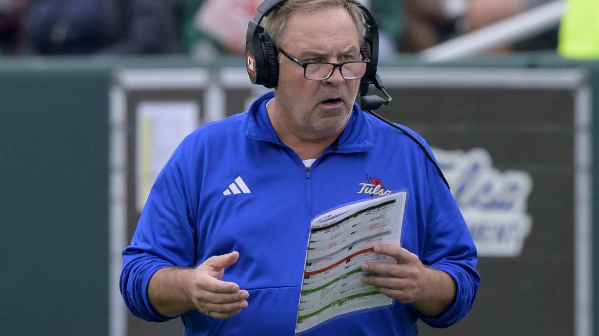 FILE - Tulsa head coach Kevin Wilson reacts during an NCAA college football game against Tulane in New Orleans, Saturday, Nov. 11, 2023.