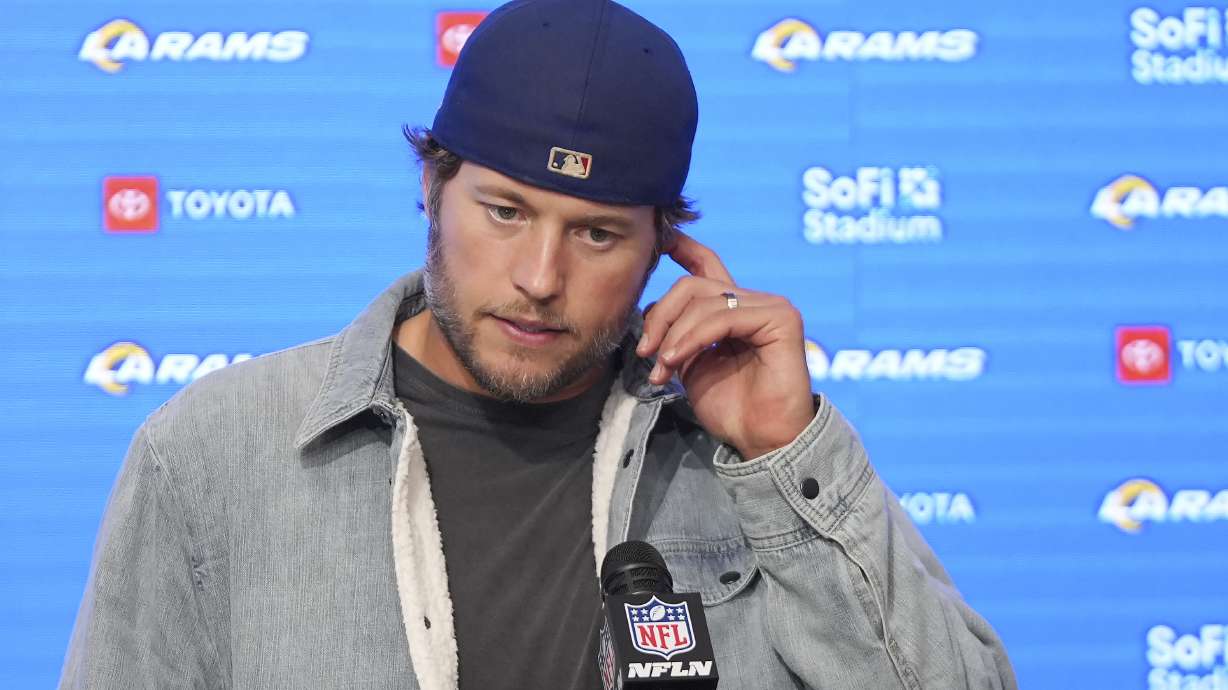 Los Angeles Rams quarterback Matthew Stafford speaks at a news conference after an NFL football game against the Philadelphia Eagles in Inglewood, Calif., Sunday, Nov. 24, 2024.