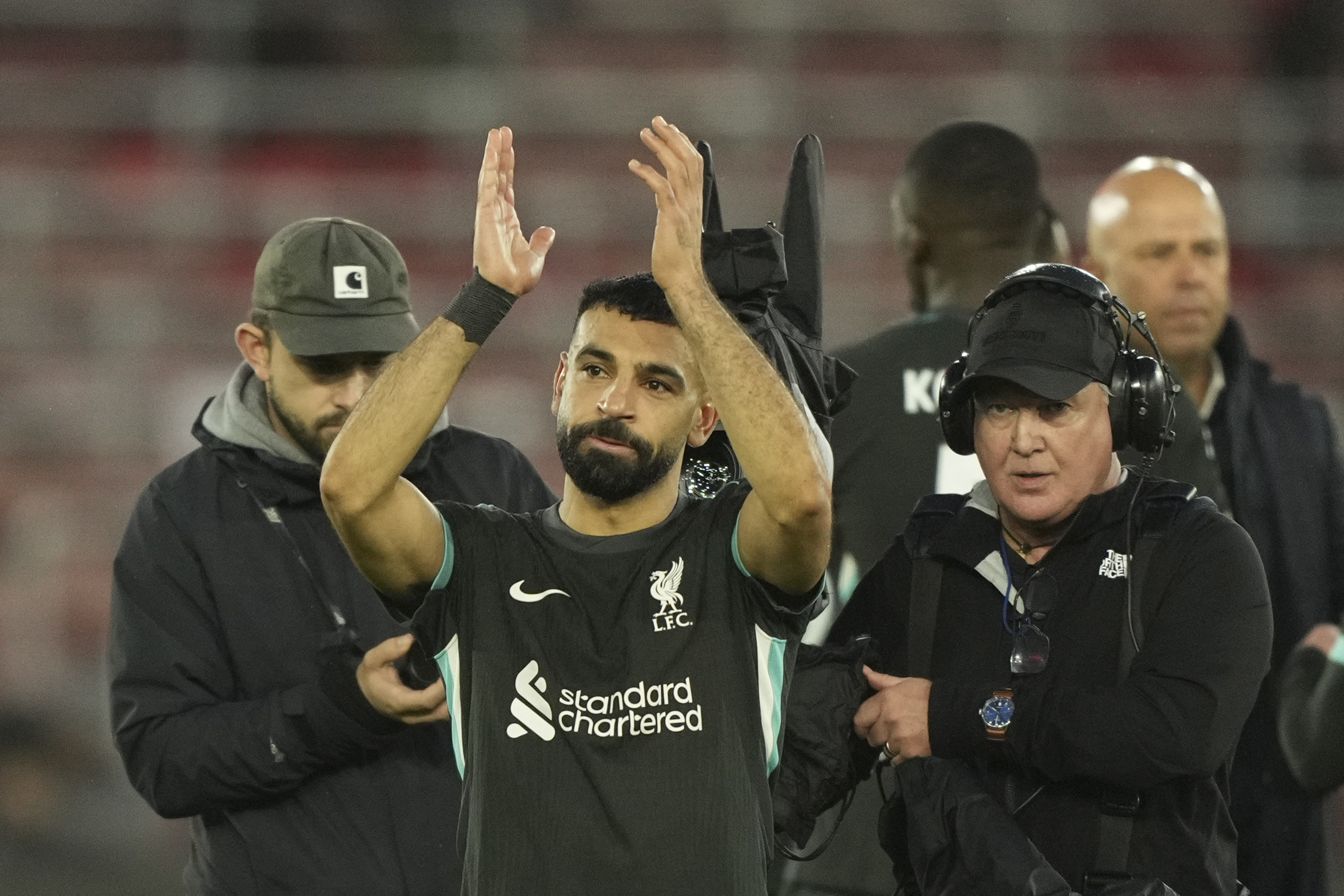 Liverpool's Mohamed Salah leaves the pitch after the English Premier League soccer match between Southampton and Liverpool in Southampton, England, Sunday, Nov. 24, 2024.