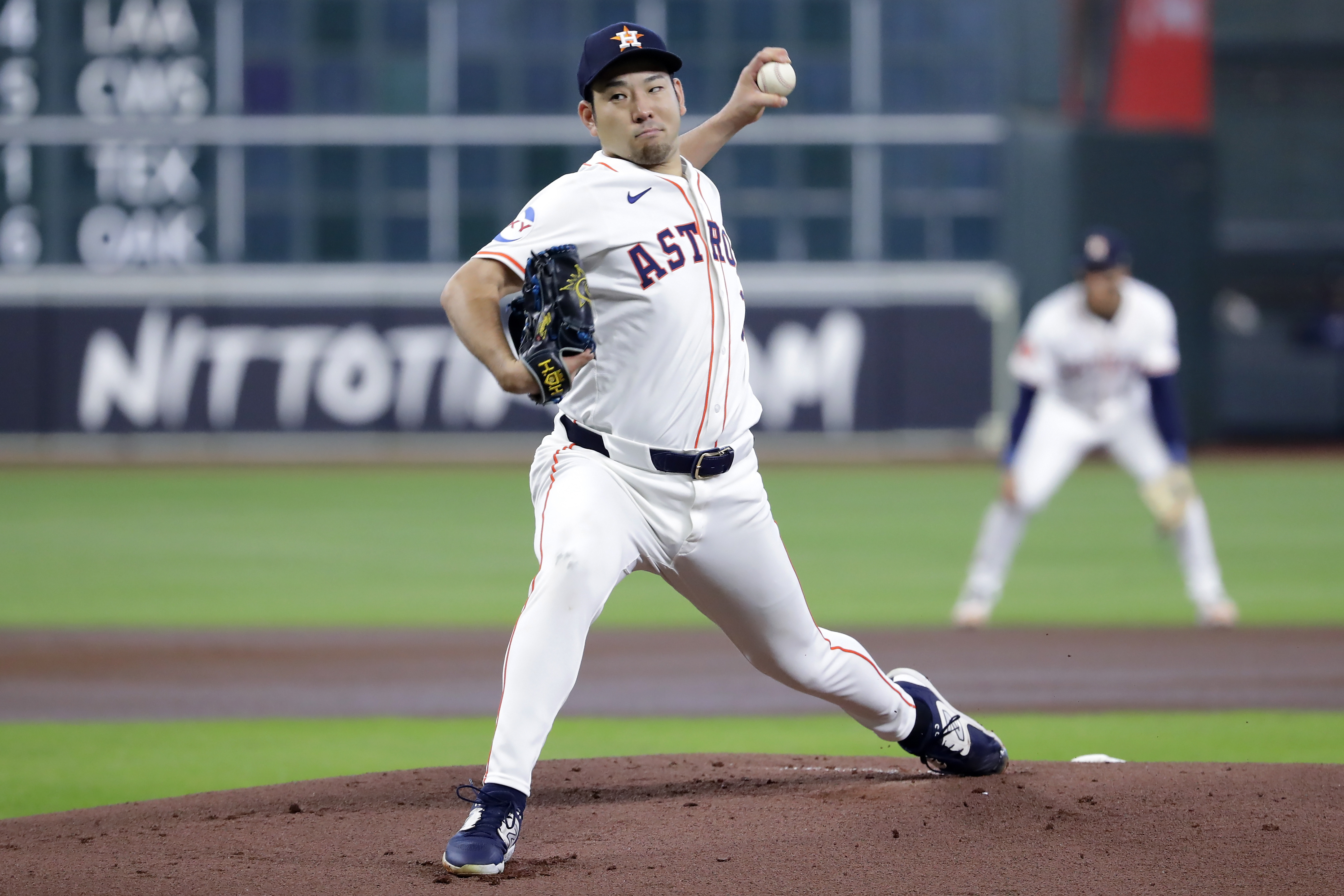 FILE - Houston Astros starting pitcher Yusei Kikuchi throws against the Seattle Mariners during the first inning of a baseball game Wednesday, Sept. 25, 2024, in Houston.