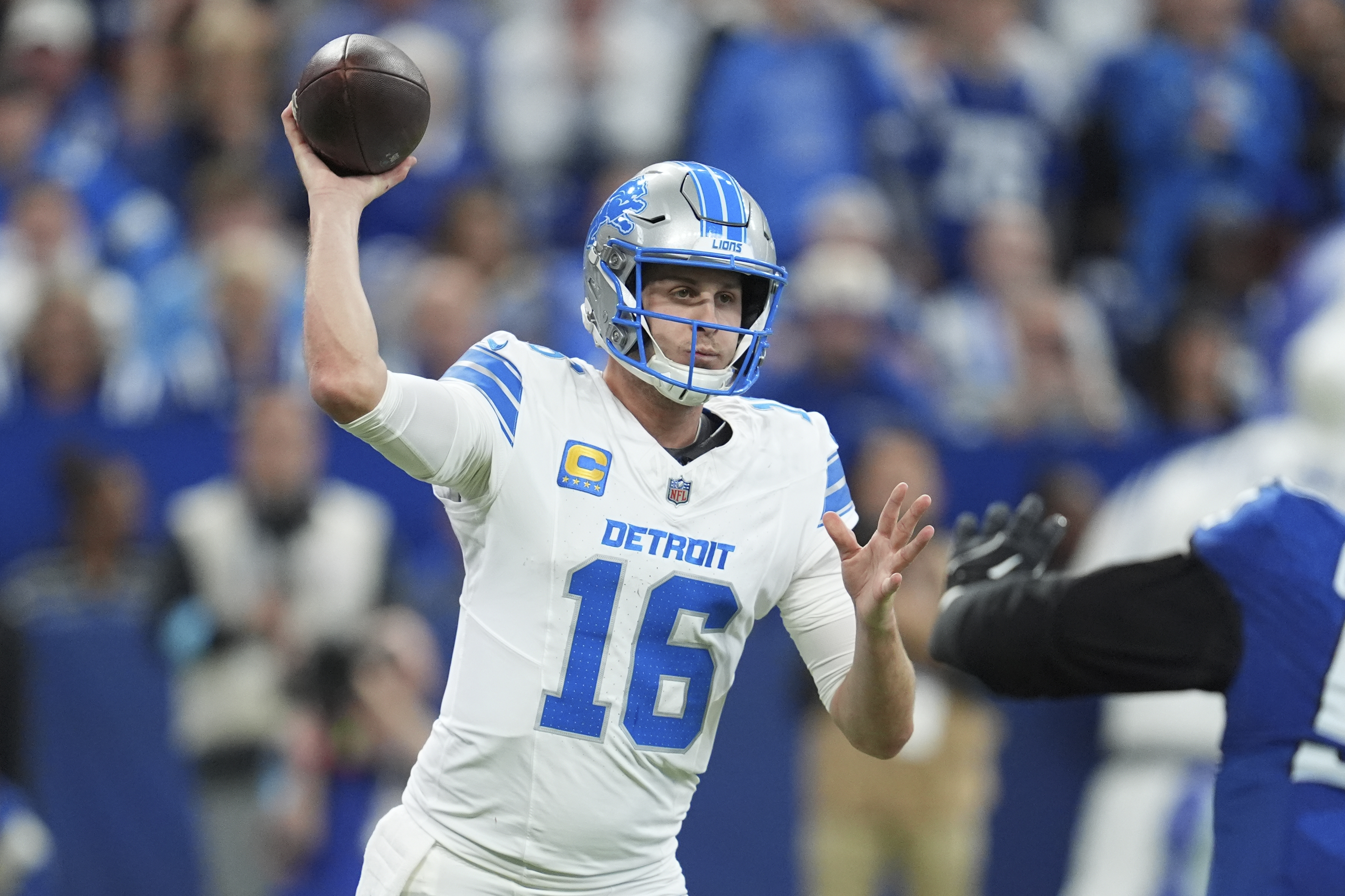 Detroit Lions quarterback Jared Goff throws during the second half of an NFL football game against the Indianapolis Colts, Sunday, Nov. 24, 2024, in Indianapolis.