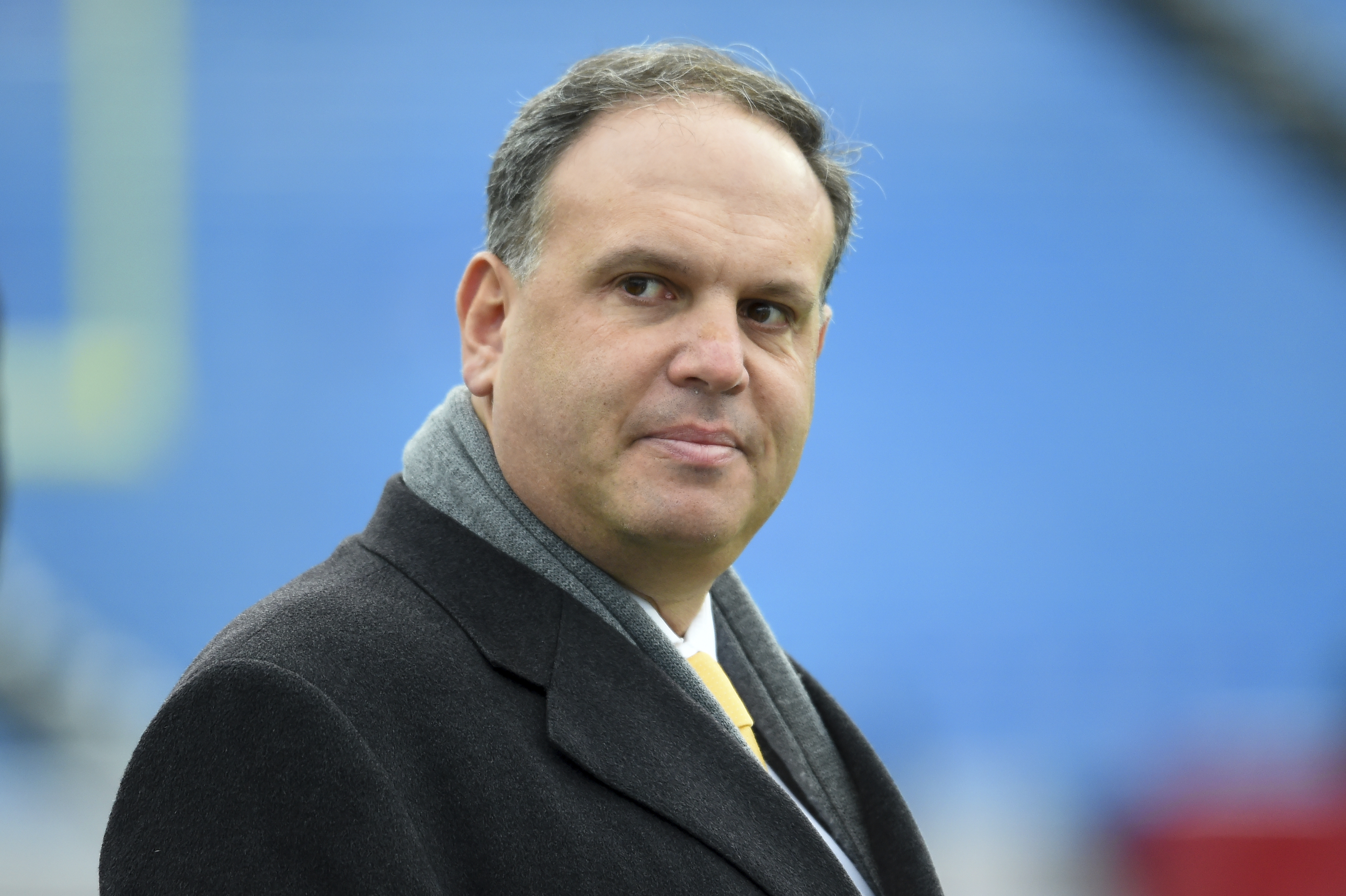 FILE - Miami Dolphins executive vice president of football operations Mike Tannenbaum looks on prior to an NFL football game between the Buffalo Bills and the Miami Dolphins on December 17, 2017, in Orchard Park, N.Y.