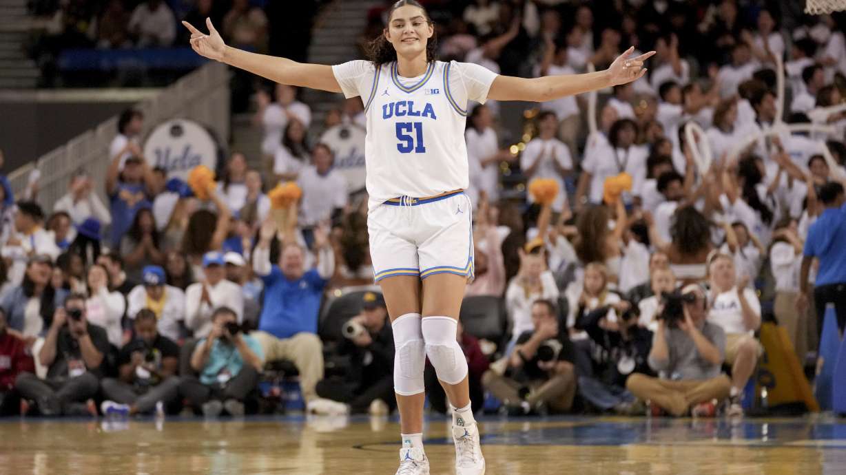 UCLA center Lauren Betts (51) reacts during the first half of an NCAA college basketball game against South Carolina, Sunday, Nov. 24, 2024, in Los Angeles.