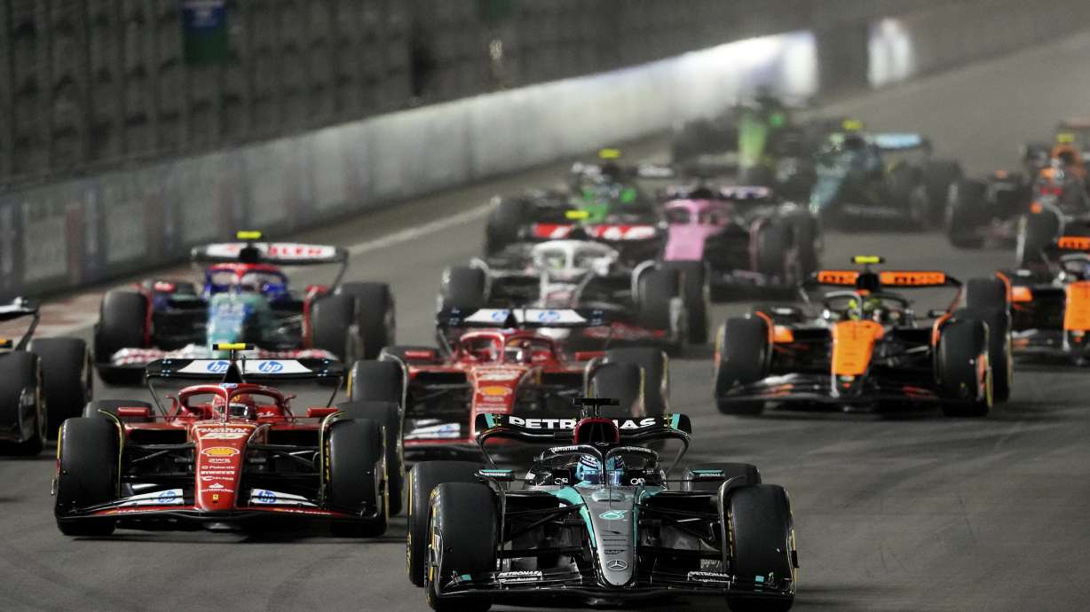 Mercedes driver George Russell, of Britain, leads the field during the F1 Las Vegas Grand Prix auto race, Sunday, Nov. 24, 2024, in Las Vegas.