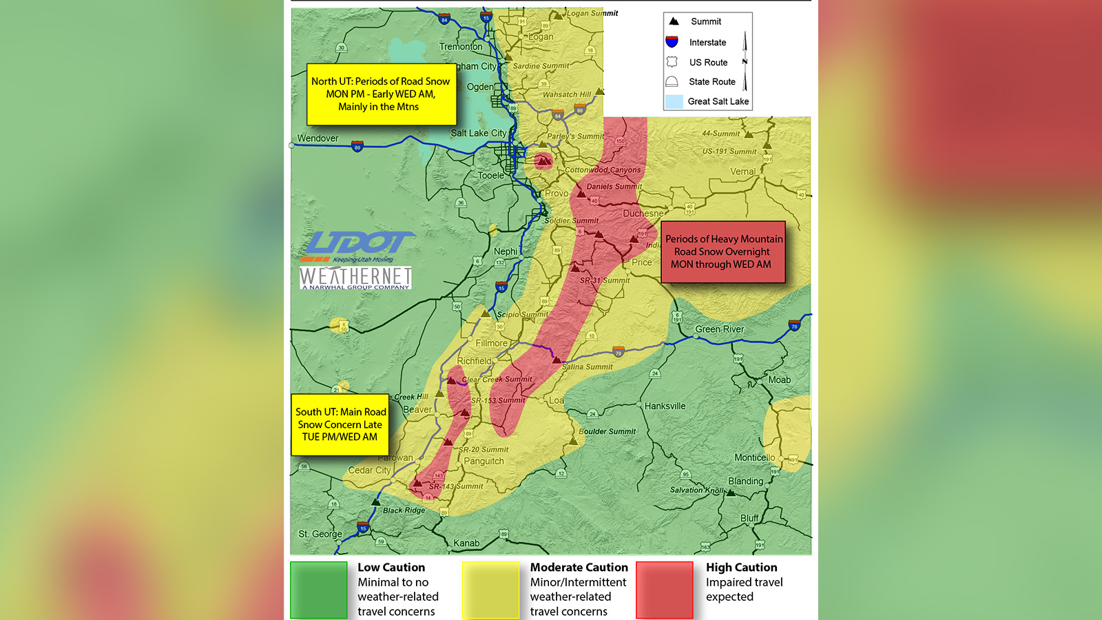 This map shows projected weather-related travel impacts in Utah from 6 p.m. Monday through noon Wednesday.