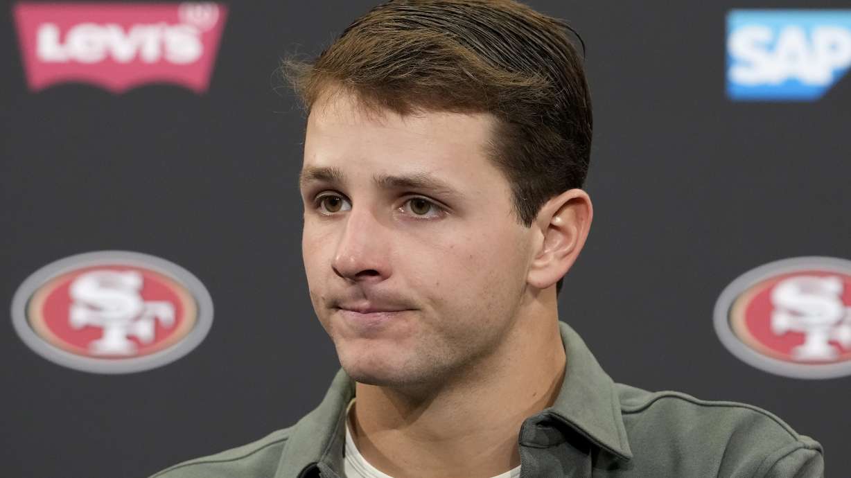 San Francisco 49ers quarterback Brock Purdy speaks at a news conference after an NFL football game against the Seattle Seahawks in Santa Clara, Calif., Sunday, Nov. 17, 2024.