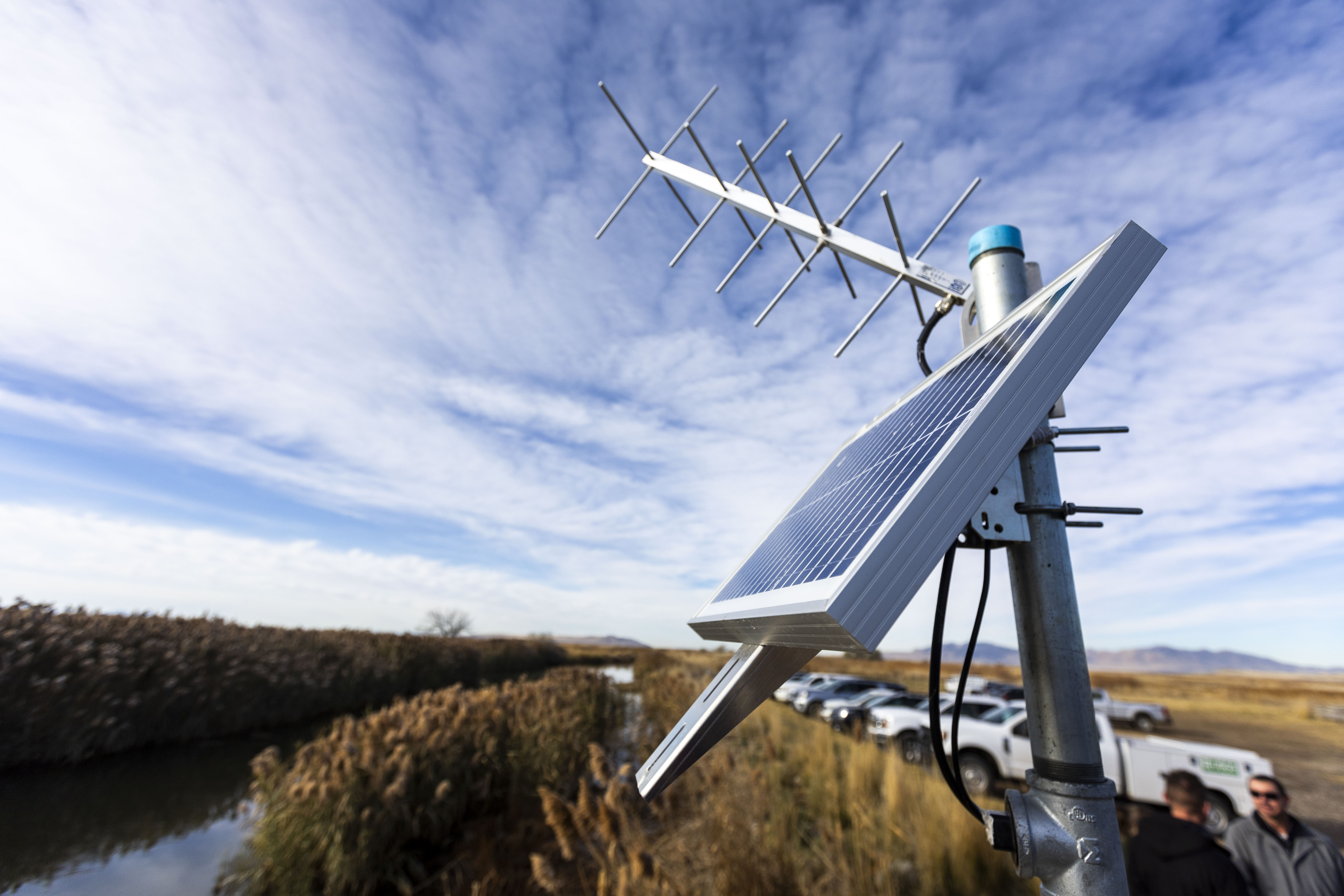 A new stream gauge stands at the Ogden Bay Waterfowl Management Area in Ogden on Monday.