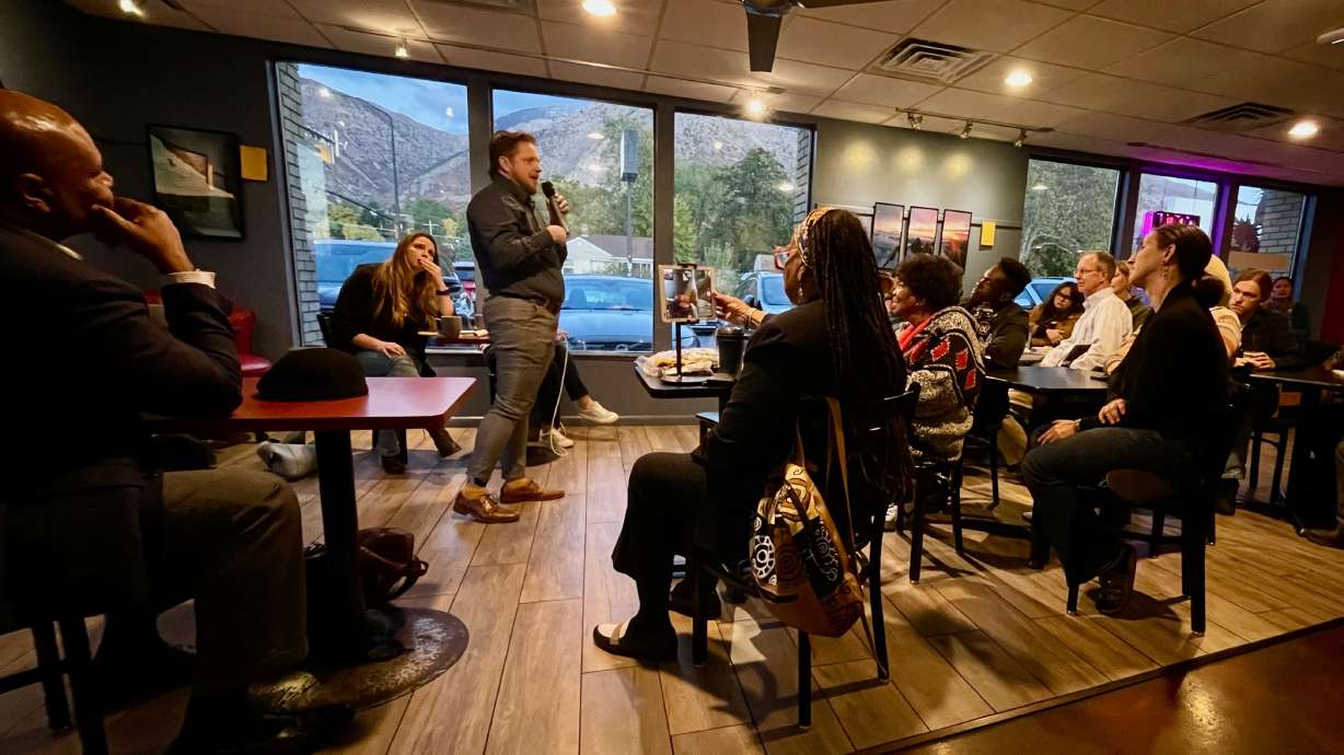 New polling finds most people favor diversity efforts in the workplace, but that support is declining. In this Oct. 30 photo, Sean Childers-Grey addresses a gathering in Ogden of foes of a state measure axing diversity programs at Utah's public universities.
