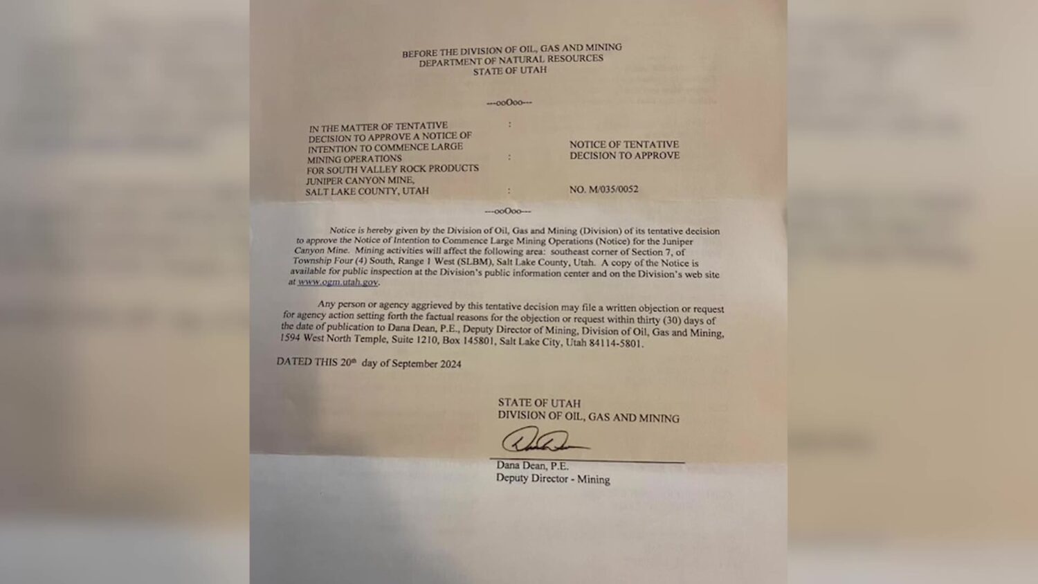 The letter that some residents at  townhomes in Riverton received from the Utah Division of Oil, Gas, and Mining about a new mine.