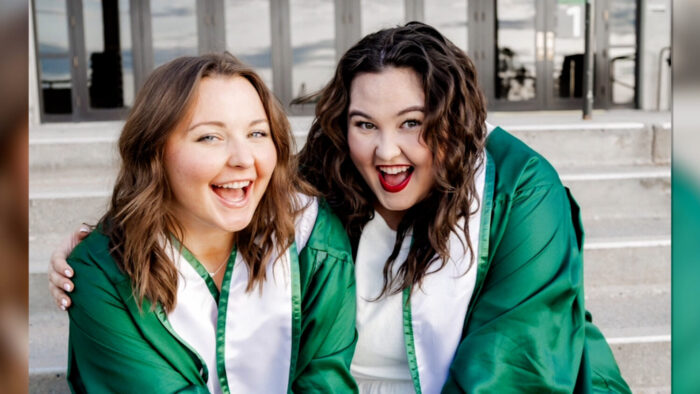 Sabrina and Jessica Wilhite in their Utah Valley University gowns. The two are recovering after being hit by a suspected drunk driver in Flagstaff, Ariz., on Friday.