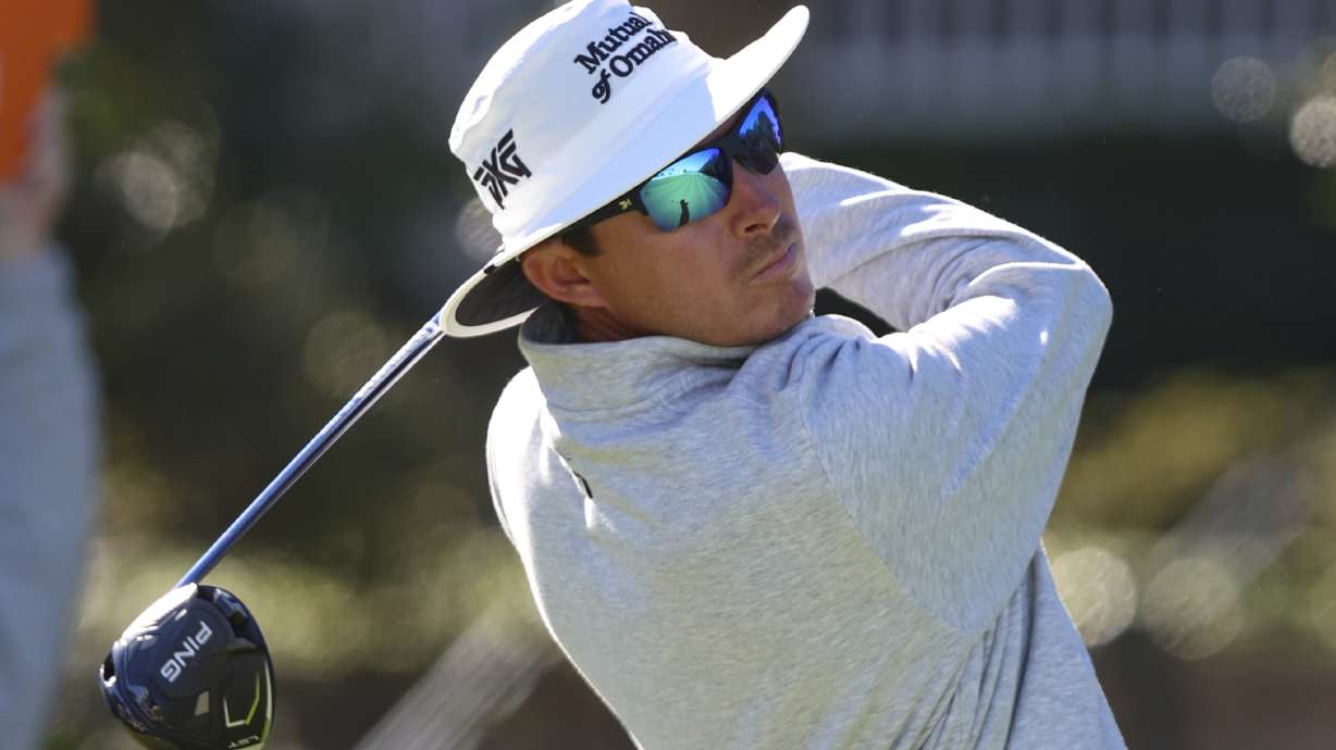 Joel Dahmen drives from the 10th tee during the final final round of the RSM Classic golf tournament, Sunday, Nov. 24, 2024, in St. Simons Island, Ga.