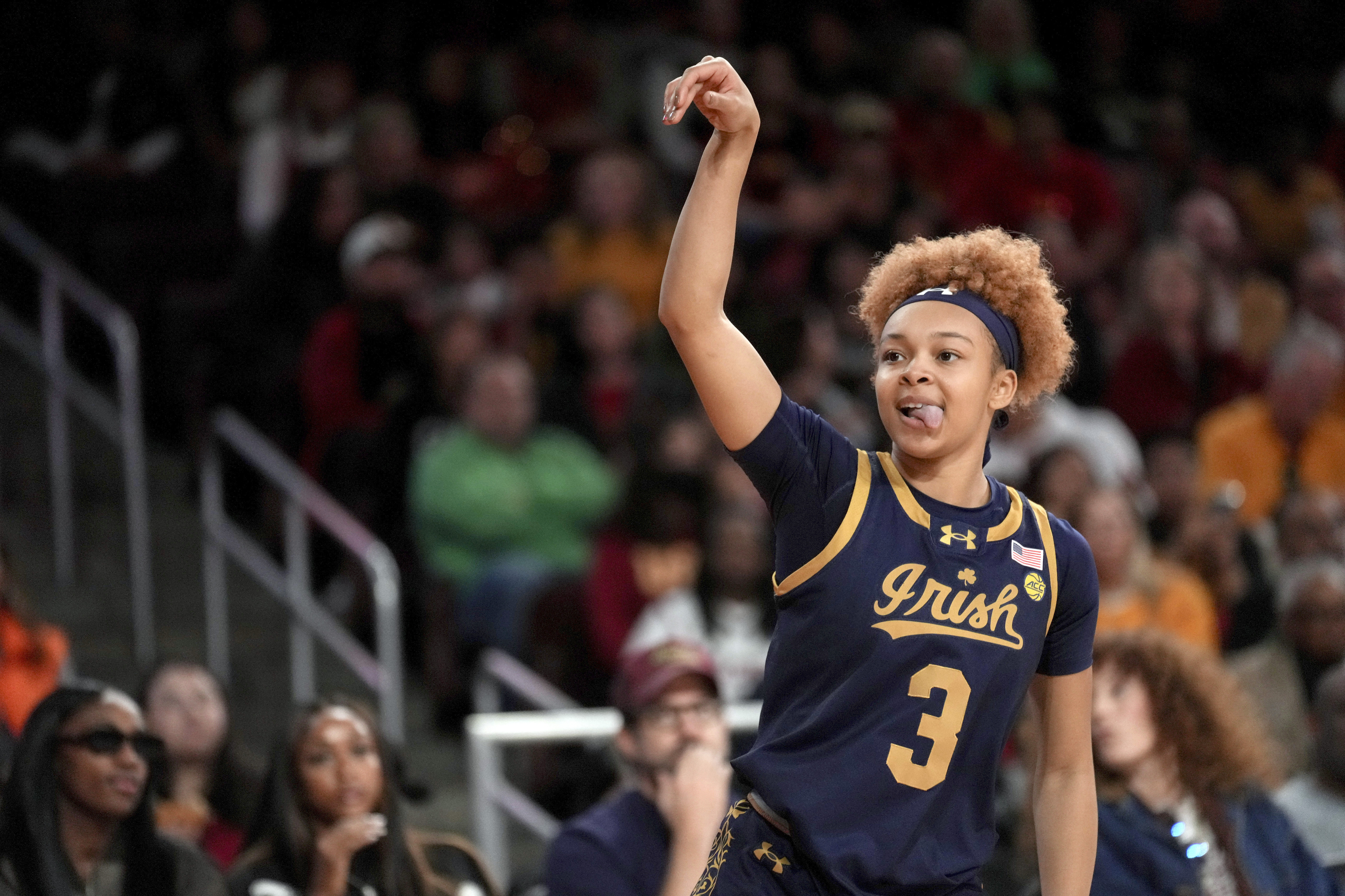 Notre Dame guard Hannah Hidalgo (3) reacts after making a shot during the first half of an NCAA college basketball game against Southern California, Saturday, Nov. 23, 2024 in Los Angeles.