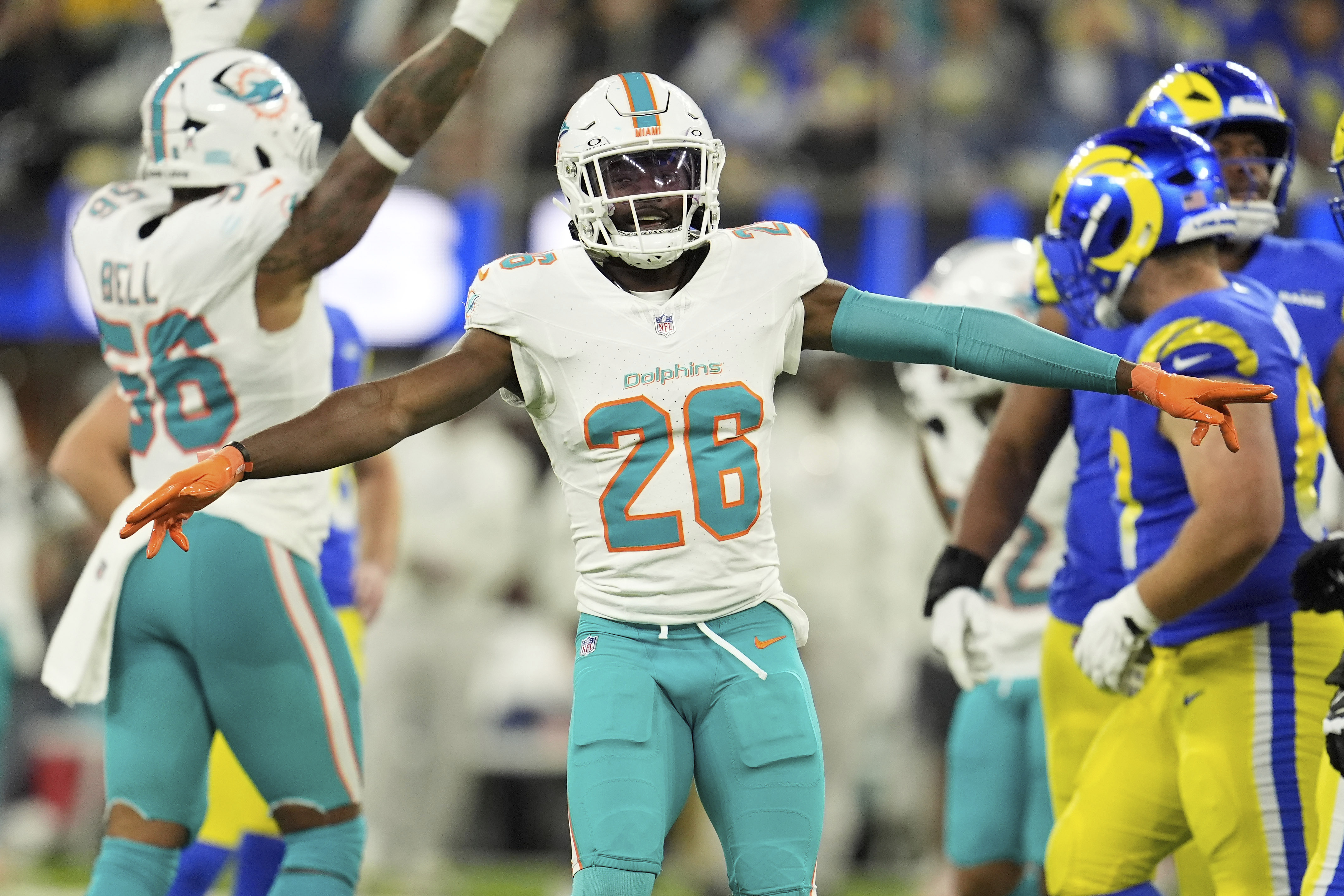 Miami Dolphins safety Marcus Maye celebrates after the Los Angeles Rams missed a field goal during the second half of an NFL football game, Monday, Nov. 11, 2024, in Inglewood, Calif.