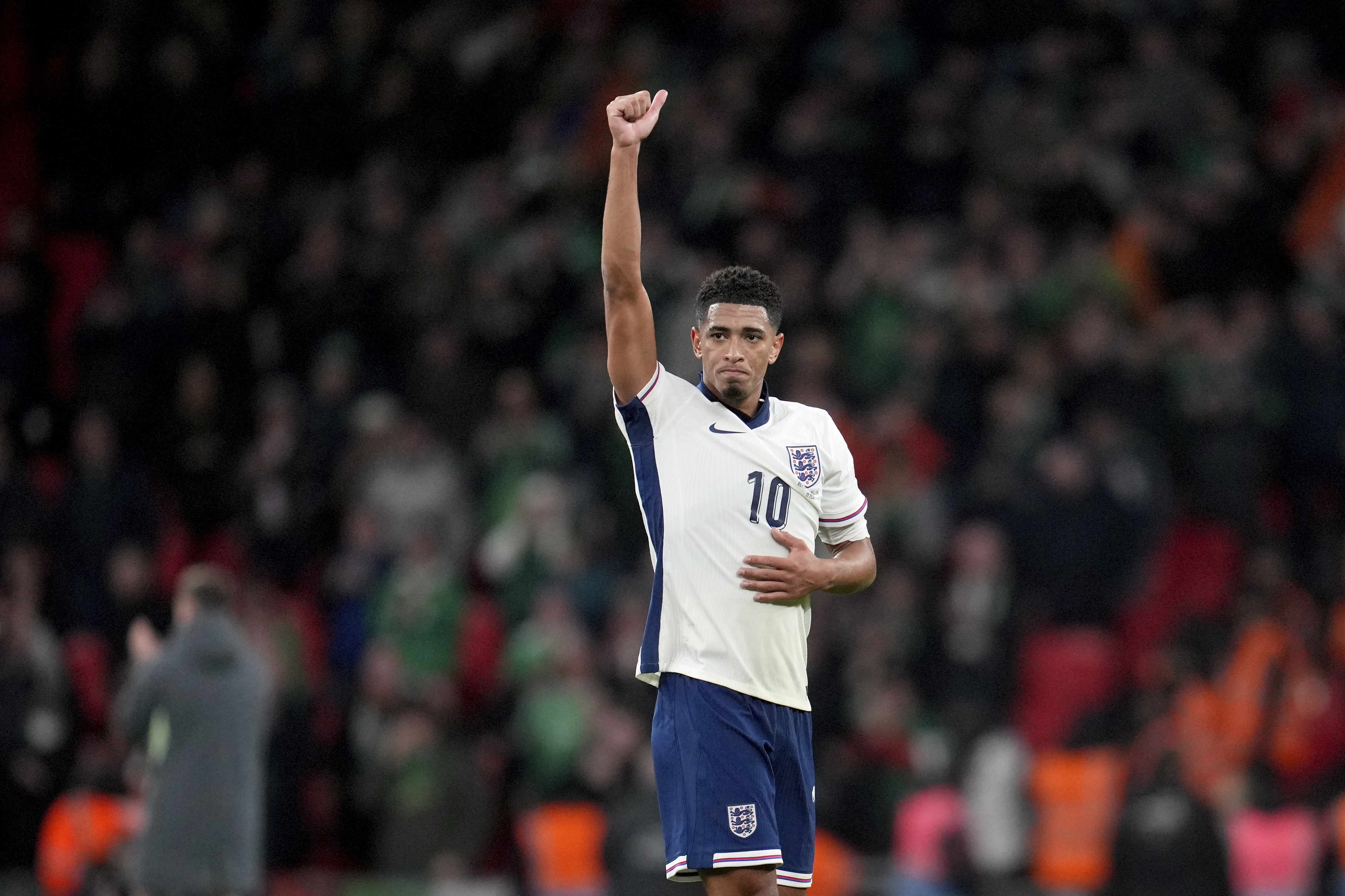 England's Jude Bellingham gestures to the fans at the end of the UEFA Nations League soccer match between England and the Republic of Ireland at Wembley stadium in London, Sunday, Nov. 17, 2024.