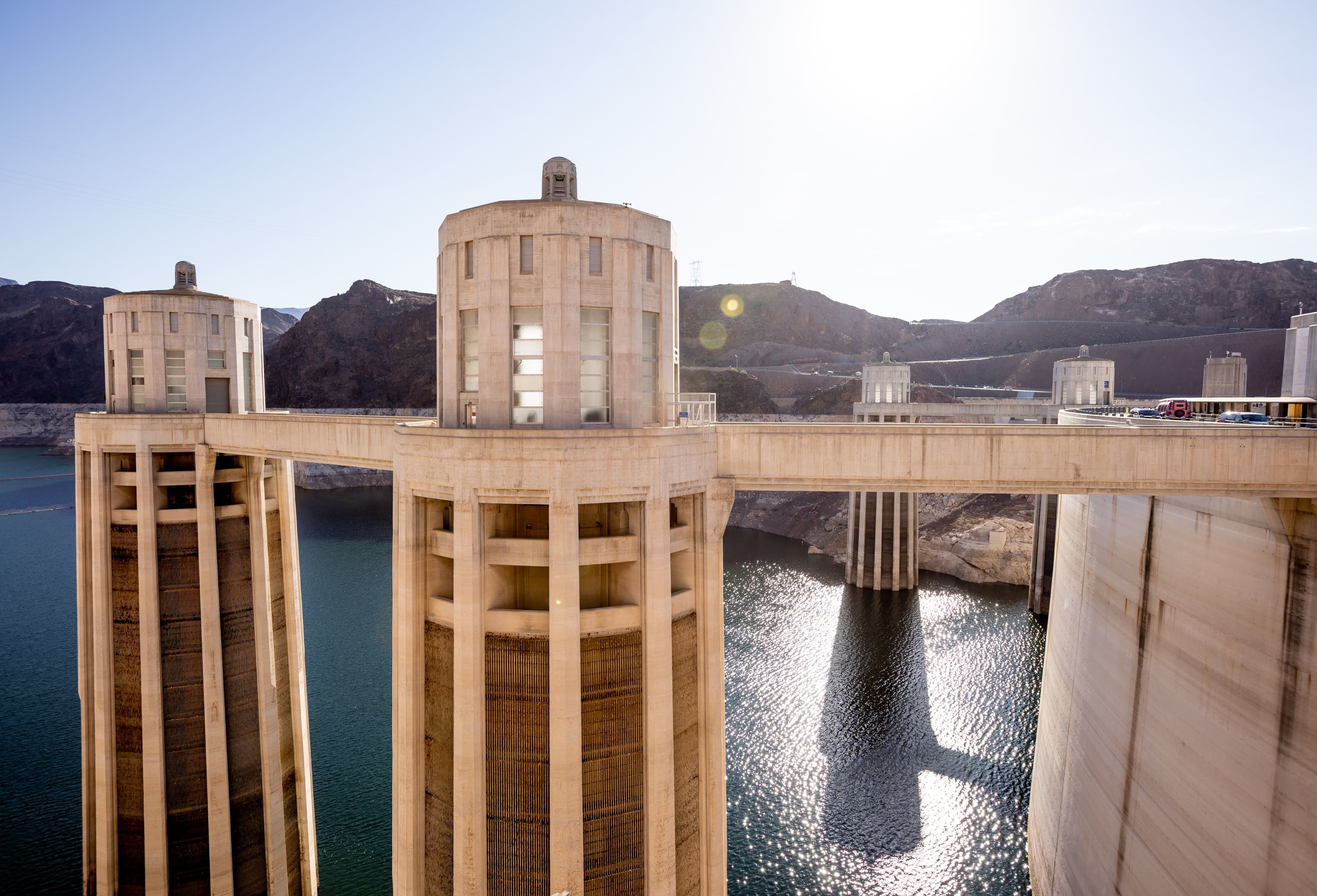 The intake towers of Hoover Dam near Boulder City, Nev., are pictured on Oct. 10, 2022.