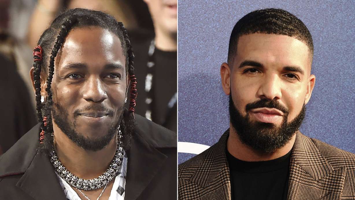 Kendrick Lamar appears at the MTV Video Music Awards, on Aug. 27, 2017, in Inglewood, Calif., left, and Drake, right, appears at the premiere of the series "Euphoria," in Los Angeles on June 4, 2019. The feud between the two rappers is escalating with another lawsuit filed by Drake on Tuesday.