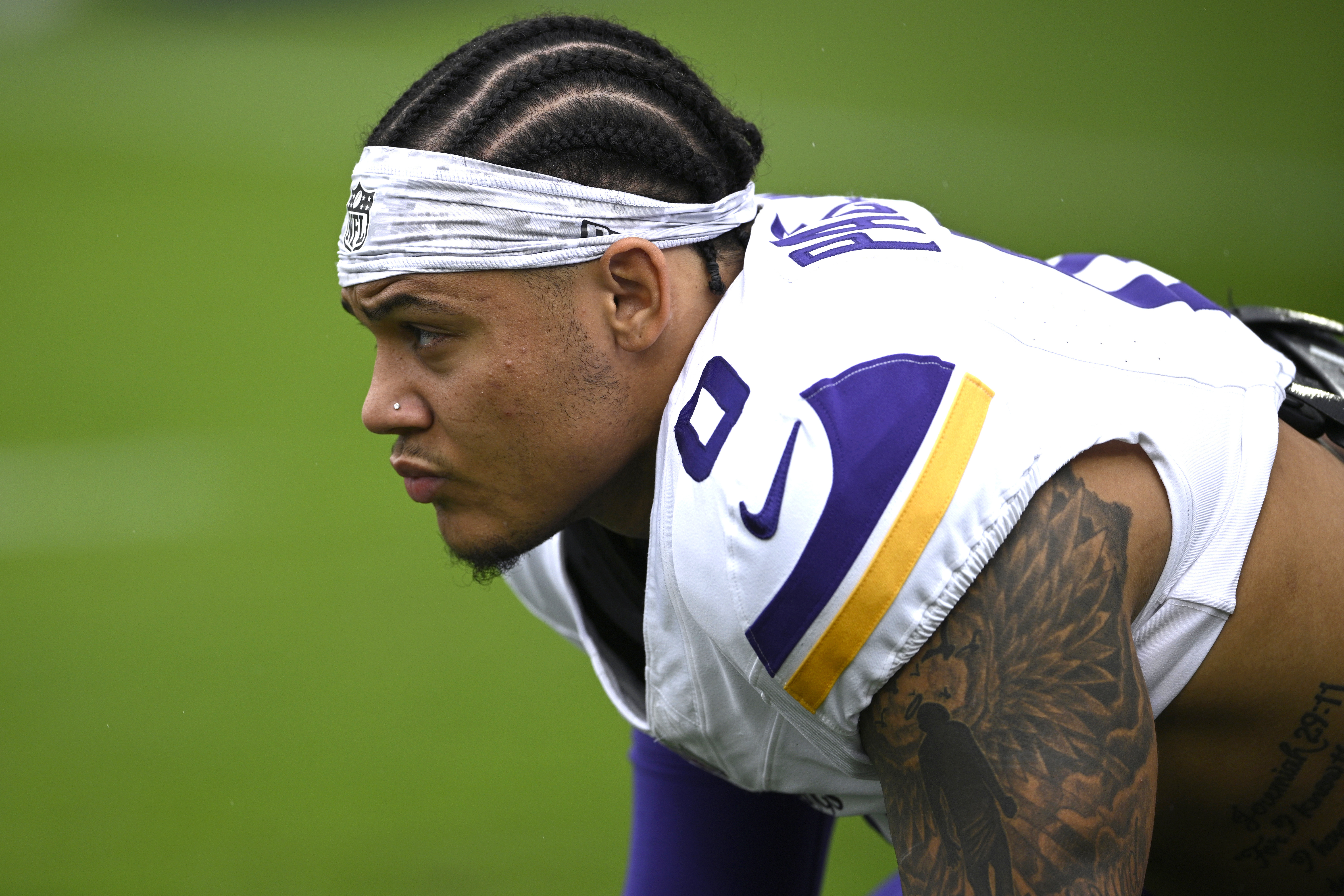 FILE - Minnesota Vikings linebacker Ivan Pace Jr. (0) warms up before an NFL football game against the Jacksonville Jaguars, Nov. 10, 2024, in Jacksonville.