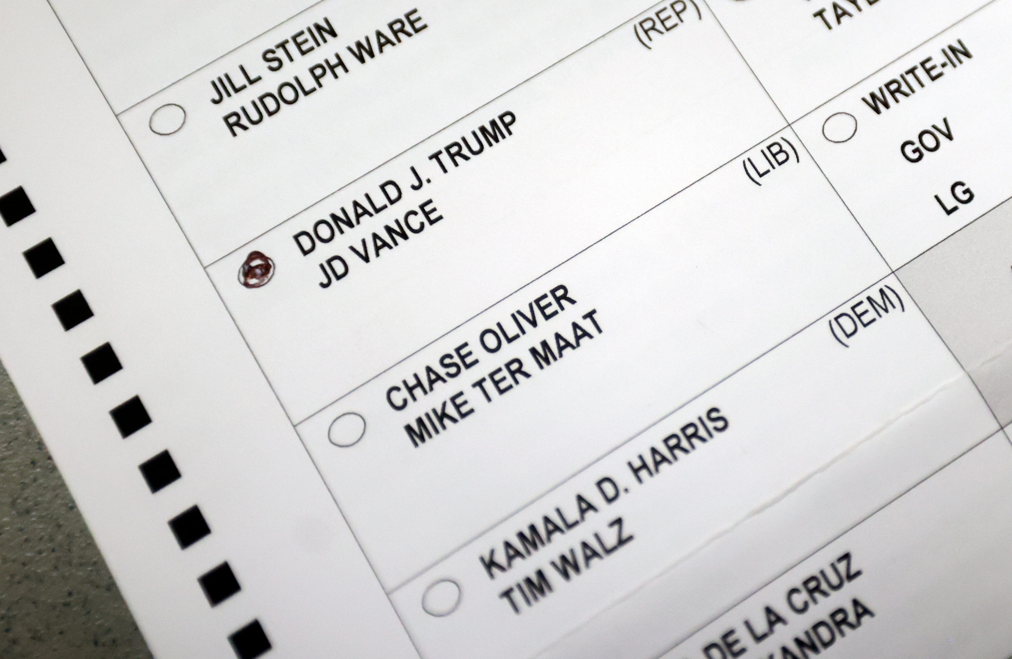 A vote for former President Donald Trump is pictured on a ballot at the Salt Lake County Government Center in Salt Lake City on Oct. 31. An Idaho county clerk has a novel proposal to boost trust in elections: Publish copies of each ballot online.
