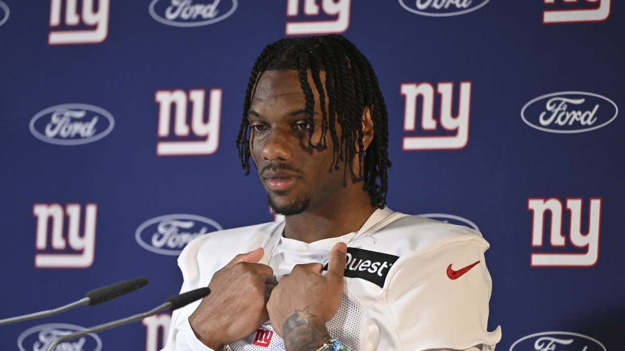 New York Giants wide receiver Malik Nabers (1) attends a news conference after a practice session in Munich, Germany, Friday, Nov. 8, 2024. The New York Giants are set to play the Carolina Panthers in an NFL game at the Allianz Arena in Munich on Sunday.