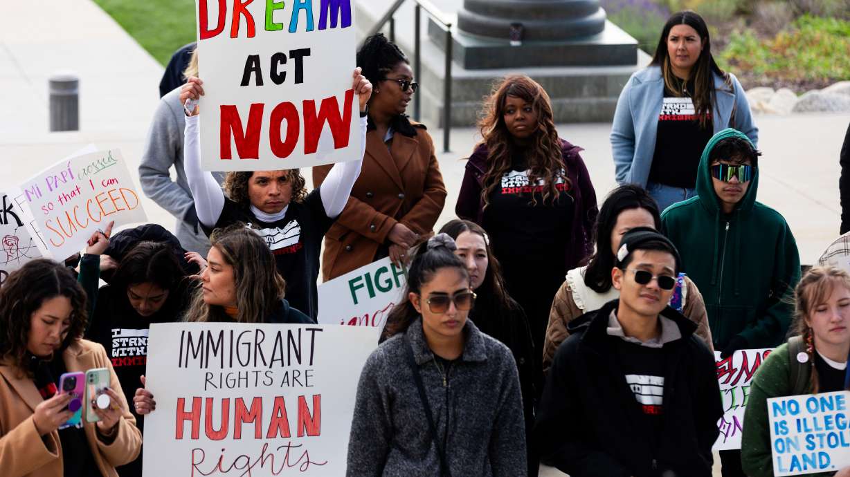 Attendees at an Oct. 28, 2023 rally at the state Capitol in Salt Lake City. Some immigrant advocates are decrying Utah Gov. Spencer Cox's plans, announced Tuesday, to crack down on undocumented immigrants.