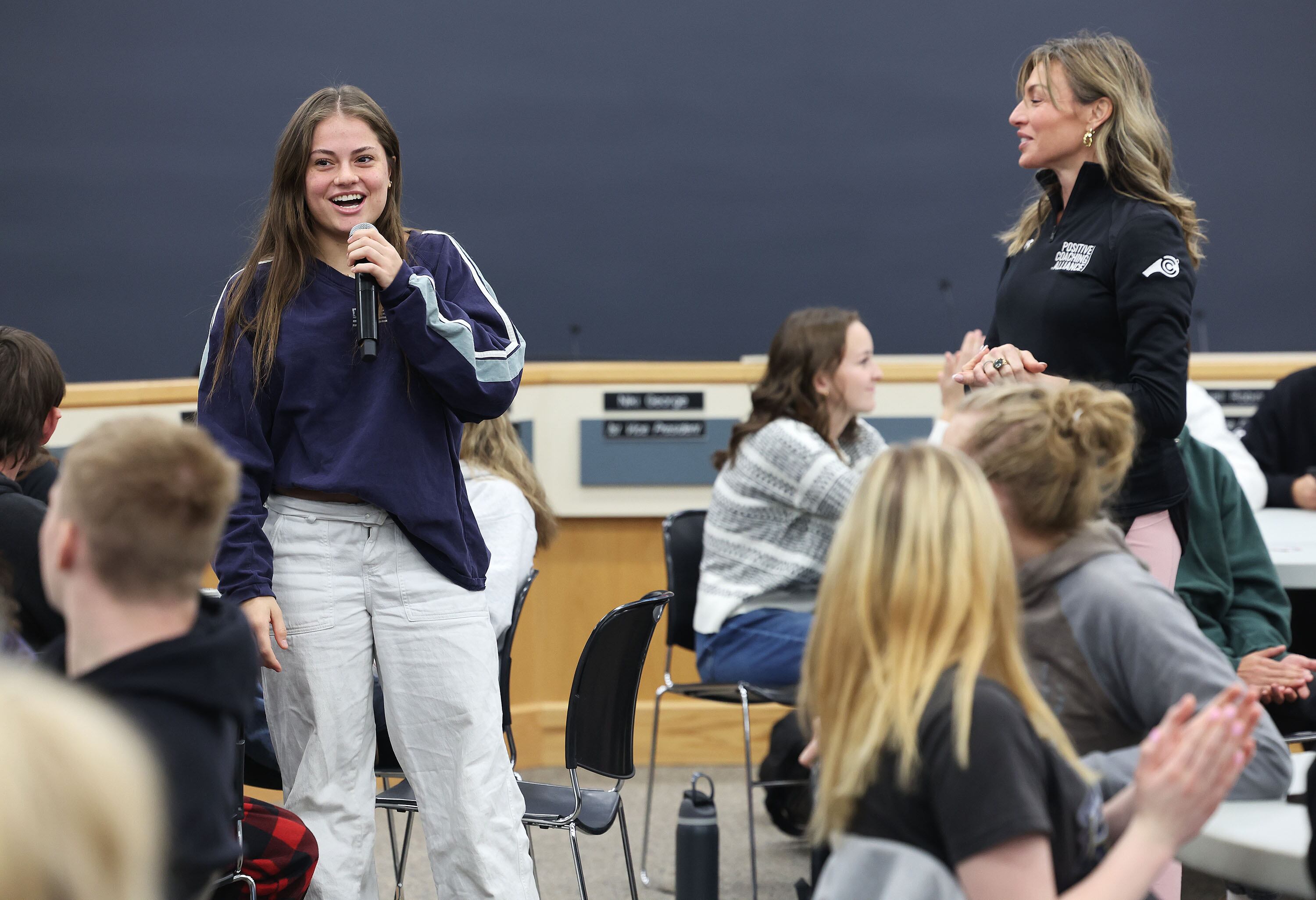 Genaya Ferreira, West Jordan High, answers a question with other varsity sports captains from Jordan District high schools gathering for a district-sponsored workshop and training to improve the experience for high school student-athletes at Jordan District JATC Riverton Campus in Riverton on Tuesday, Nov. 19, 2024.