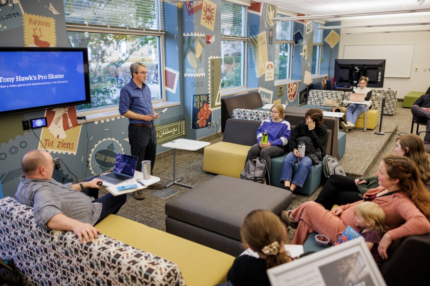 Professor Michael Call leads a discussion with a group of students as part of the humanities video game initiative. He and Professor Brian Croxall developed this new approach to studying video games.