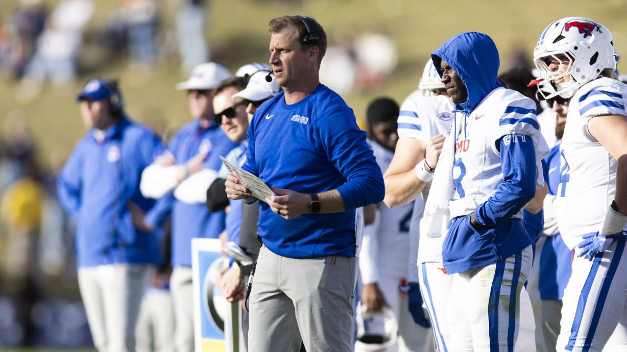 SMU head coach Rhett Lashlee looks on during the second half of an NCAA college football game against Virginia, Saturday, Nov. 23, 2024, in Charlottesville, Va.