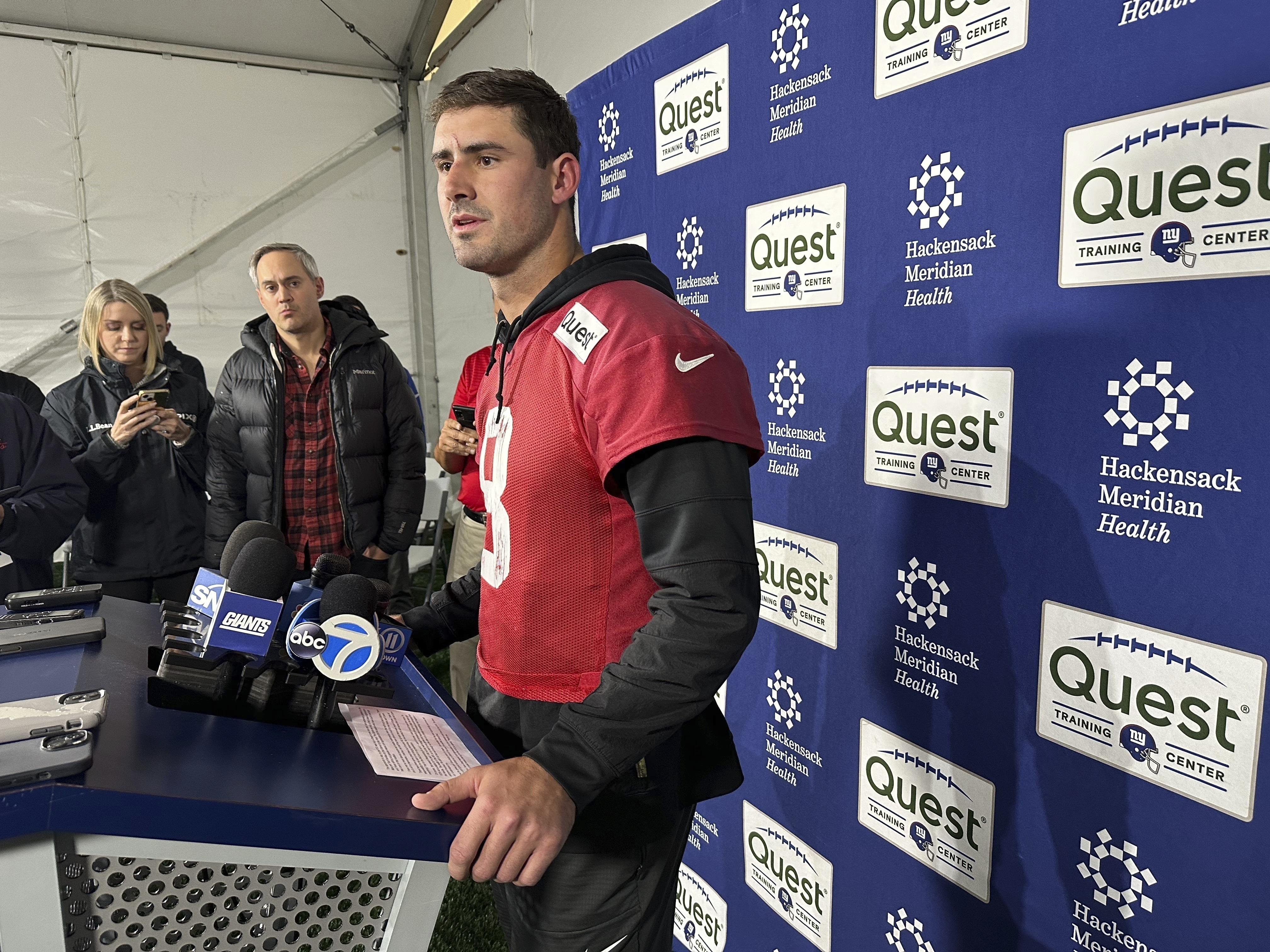FILE - New York Giants NFL football quarterback Daniel Jones speaks to the media Nov. 21, 2024, in East Rutherford, N.J. 