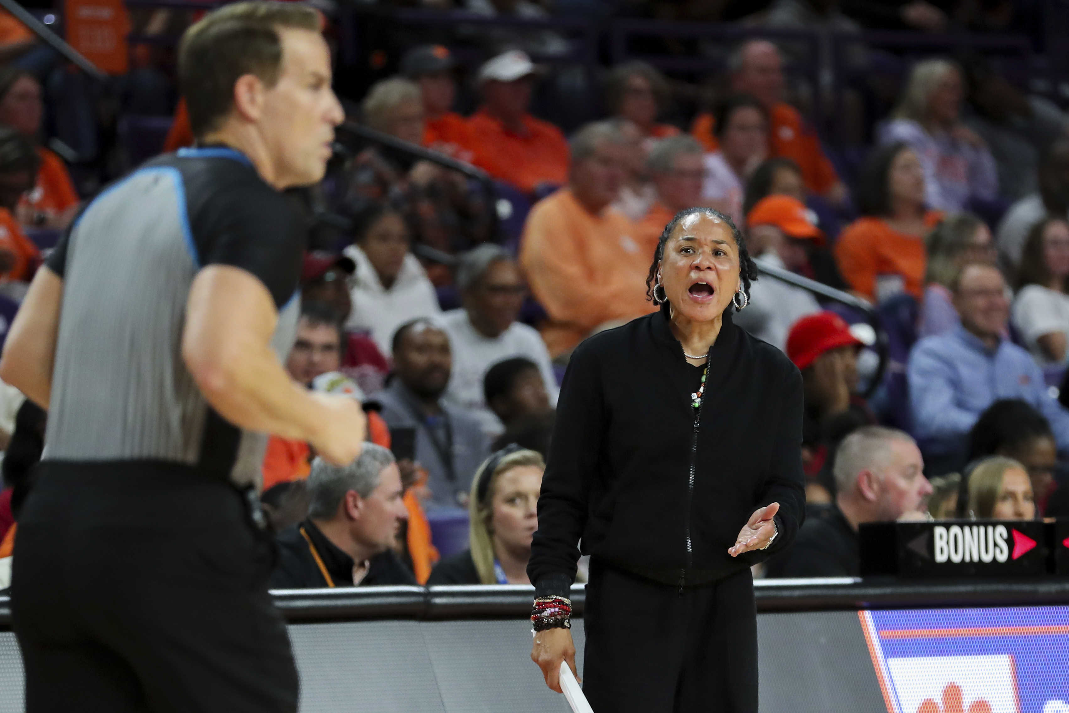 South Carolina head coach Dawn Staley argues for a foul to be called during the second half of an NCAA college basketball game against Clemson Wednesday, Nov. 20, 2024, in Clemson, S.C.