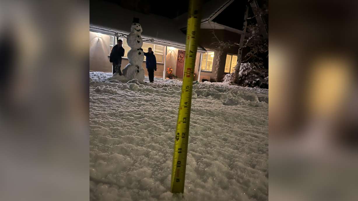 Freshly-fallen snow in Ferron, Emery County, on Tuesday night. Many parts of Utah received strong snow totals from what was its largest storm of the season, so far.