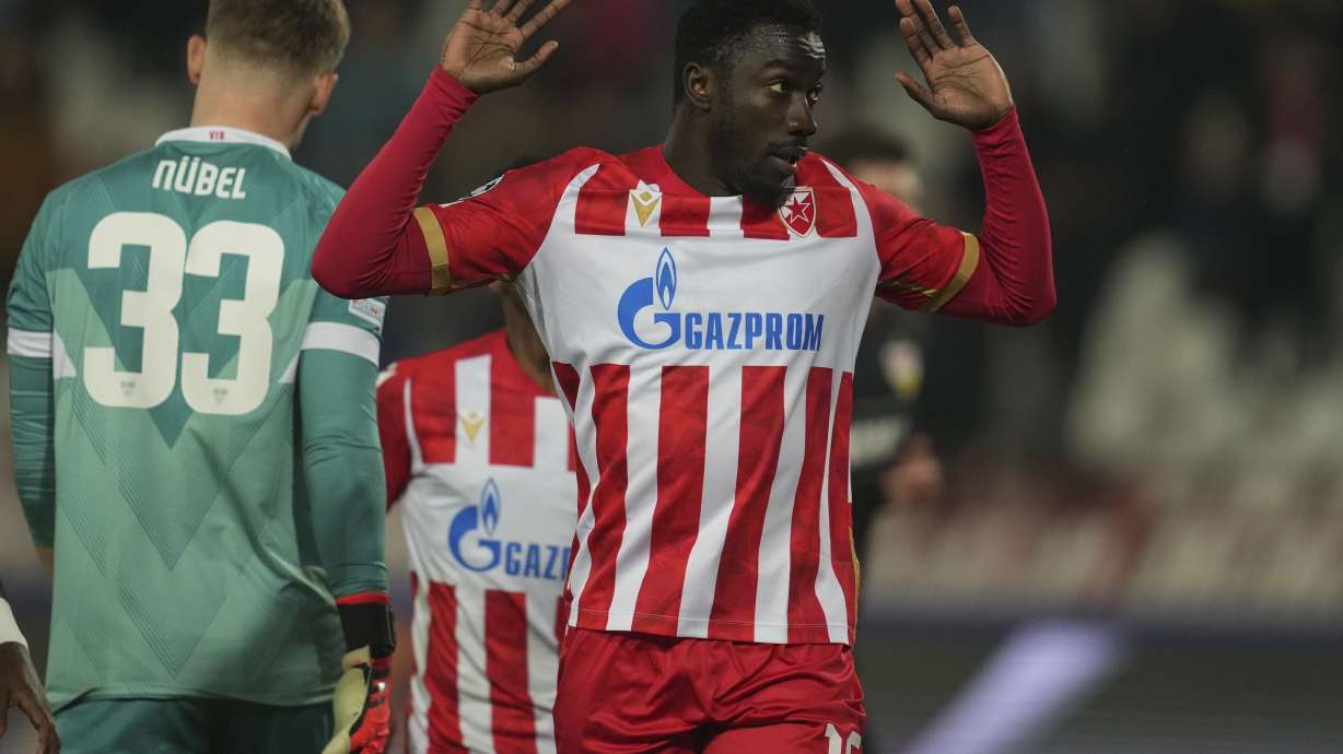 Red Star's Silas, right, celebrates after scoring his side's first goal during the Champions League opening phase soccer match between Red Star and Stuttgart at the Rajko Mitic Stadium in Belgrade, Serbia, Wednesday, Nov. 27, 2024.